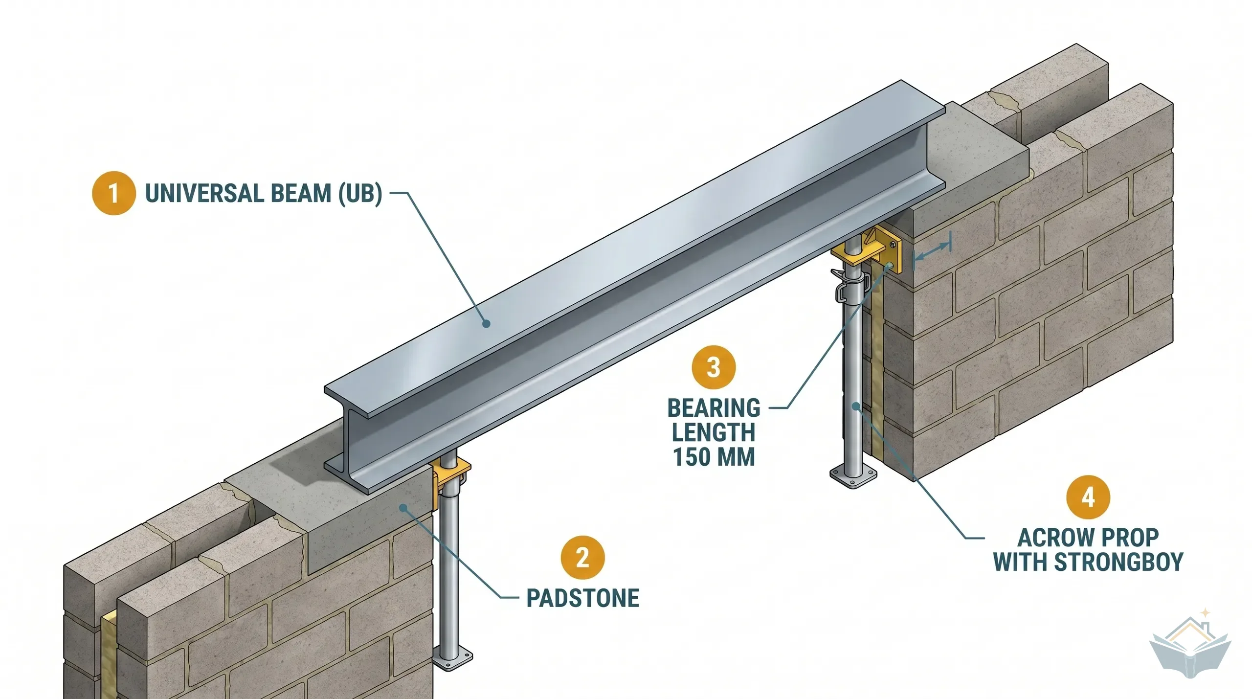 A 254x146 universal beam being lowered onto two concrete padstones at the head of a load-bearing blockwork wall during a single-storey rear extension build, with acrow props and strongboys in shot supporting the masonry above
