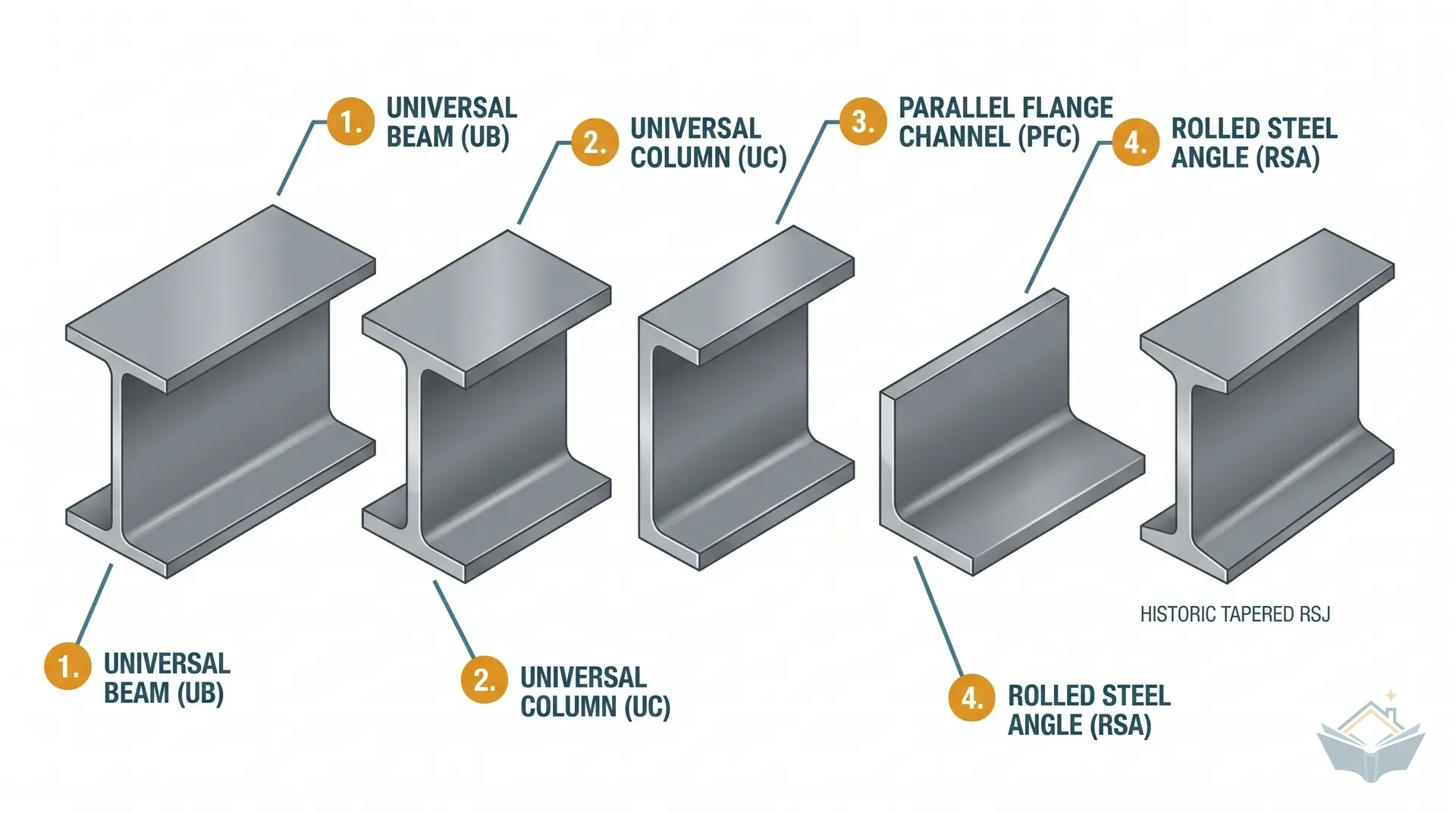 Five UK structural steel sections shown in profile from left to right: Universal Beam UB with deep I-shape and parallel flanges, Universal Column UC with equal-width I-shape, Parallel Flange Channel PFC as a C-shape, Rolled Steel Angle RSA as an L-shape, and a historic tapered-flange RSJ for comparison. Each section is labelled with its name and a typical extension use case.