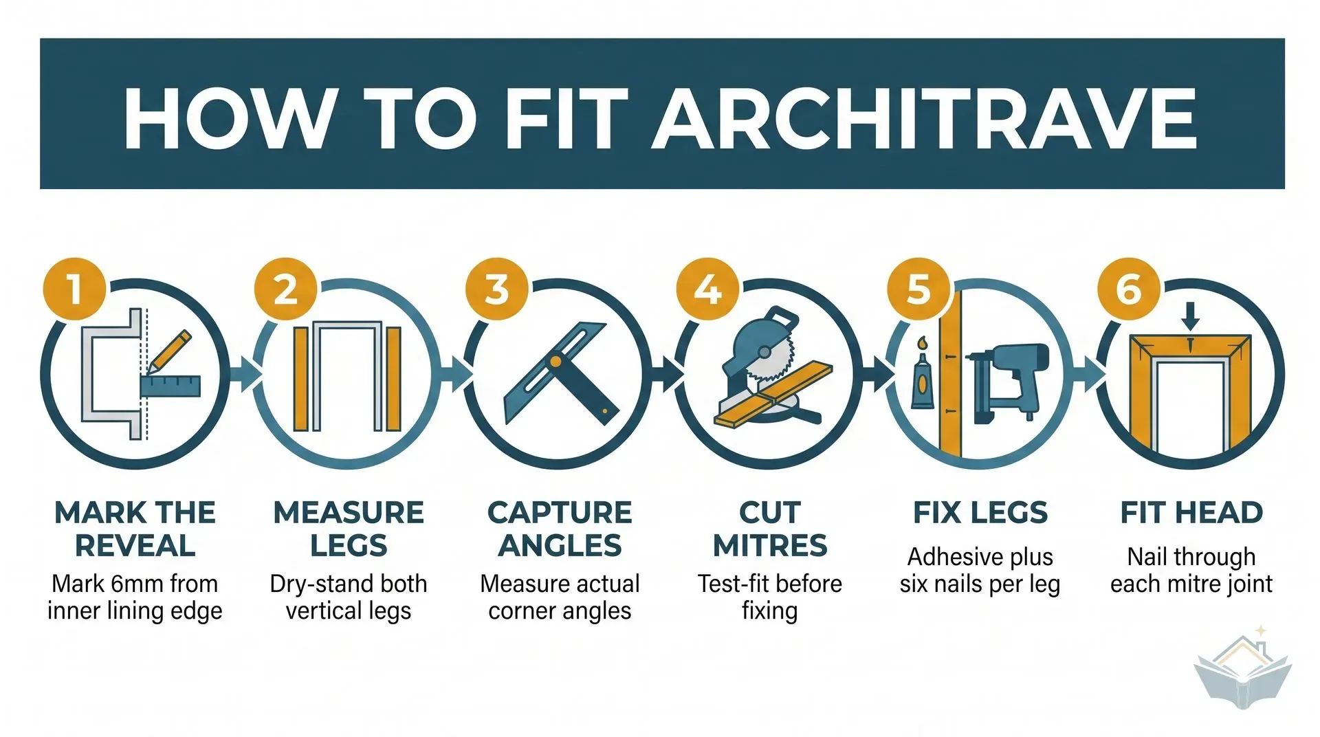 Six-step process infographic showing how to fit architrave around a door opening: mark the 6mm reveal, measure and dry-stand the legs, capture the actual corner angles with a sliding bevel, cut the mitres on a mitre saw, fix the legs with adhesive and nails, then fit the head piece and drive a nail through each mitre joint.
