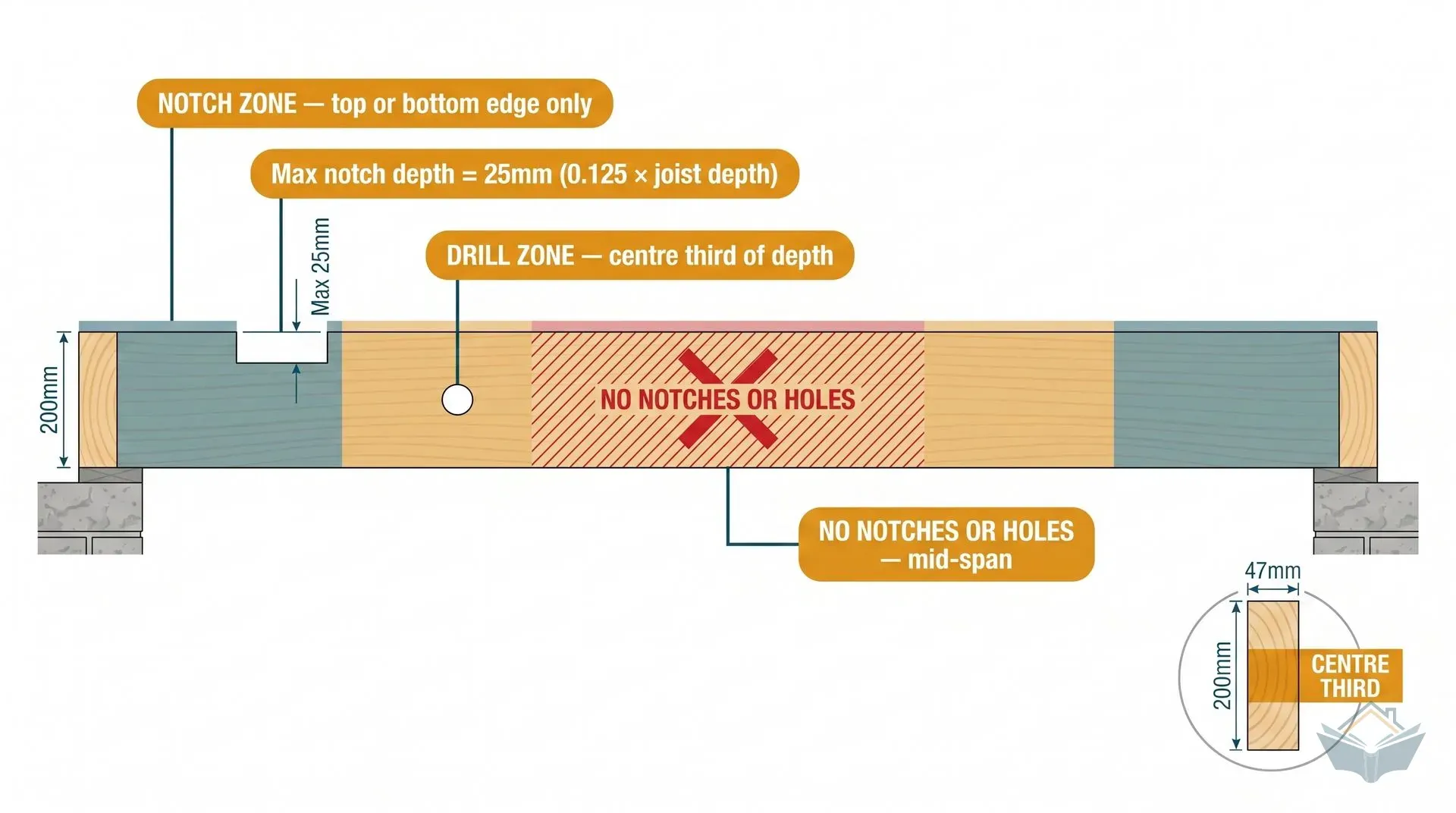 Side elevation diagram of a 47x200mm C16 floor joist between two masonry supports, showing four annotated zones: the teal-tinted notch zone near each support where top or bottom edge notches are permitted to a maximum 25mm depth, the amber-tinted drill zone where holes may be bored through the centre third of the joist depth, and the red hatched mid-span forbidden zone where no notches or holes are permitted. An inset cross-section shows the centre-third depth corridor.