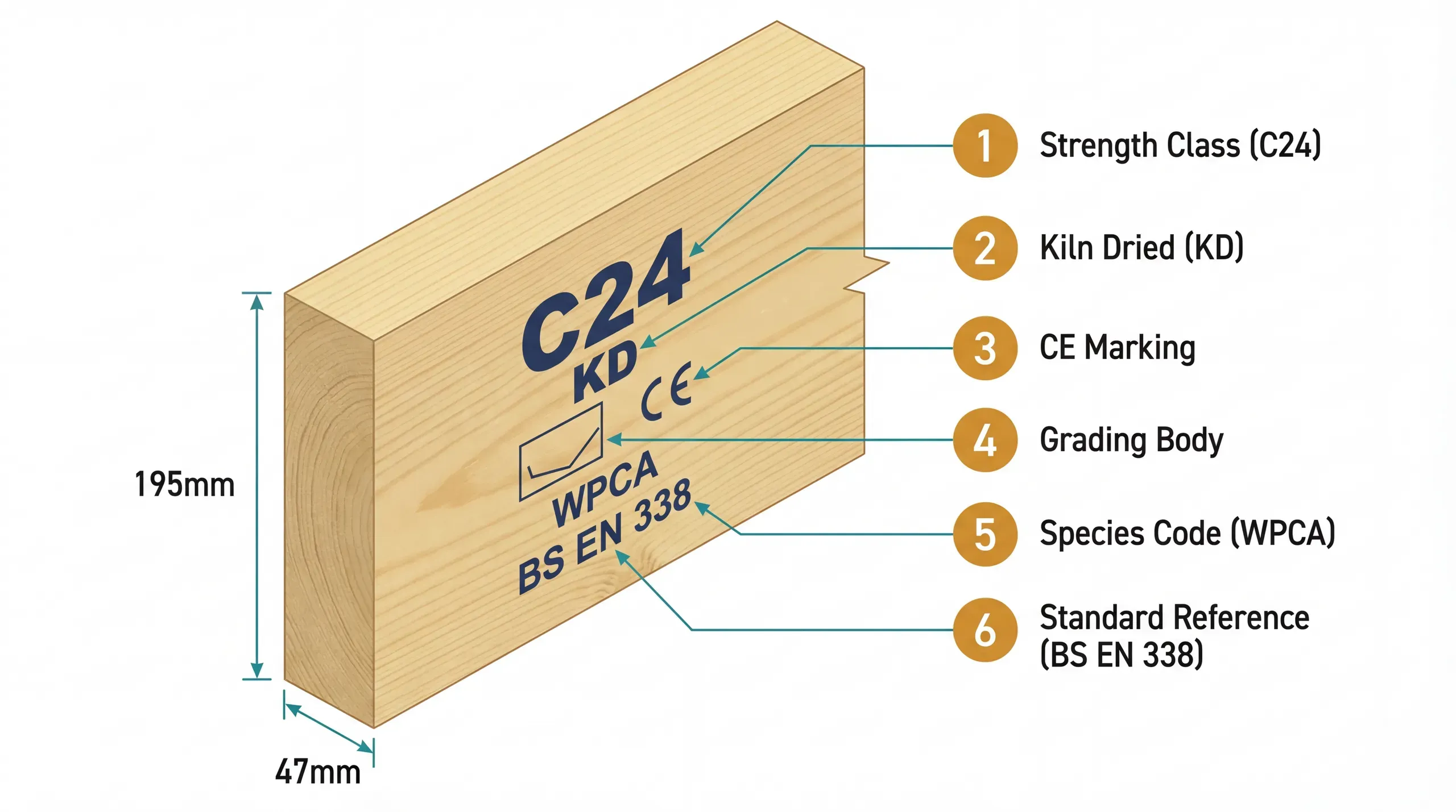 Technical diagram showing a C24 timber grade stamp with annotations explaining each element: strength class, grading body, species, moisture condition, and CE marking
