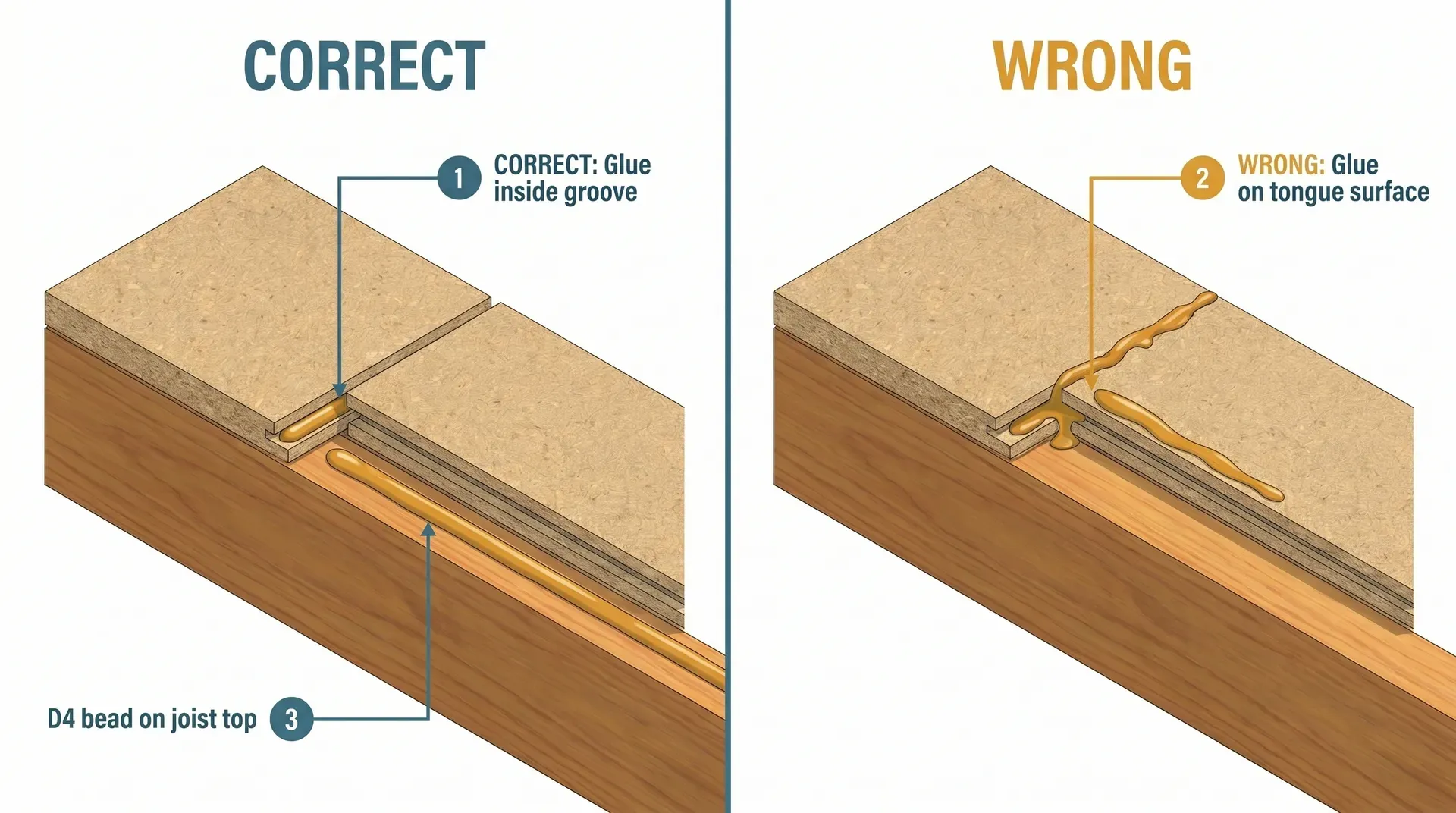 Side-by-side cross-section comparison showing the correct method (D4 adhesive deposited inside the groove cavity) versus the wrong method (adhesive smeared on the tongue surface), with both joints shown sitting on a timber joist with an adhesive bead along the joist top.
