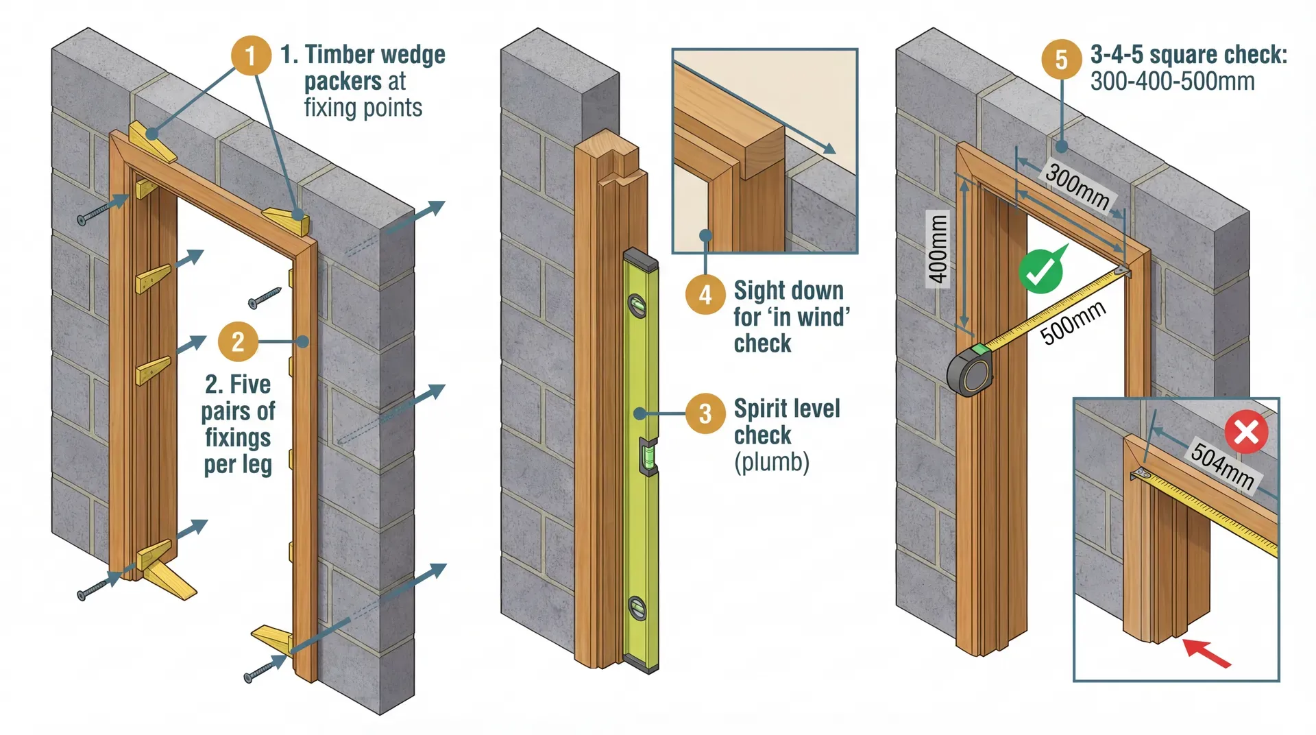 Three-panel technical diagram showing the door lining fitting process. Left panel shows timber wedge packers at five fixing points per jamb leg with screws passing through into blockwork. Centre panel shows a spirit level against a jamb leg confirming plumb and a top-down view illustrating the in-wind sighting check. Right panel shows the 3-4-5 square check with 300mm along the head, 400mm down the leg, and the diagonal tape reading 500mm (pass) versus 504mm (fail).