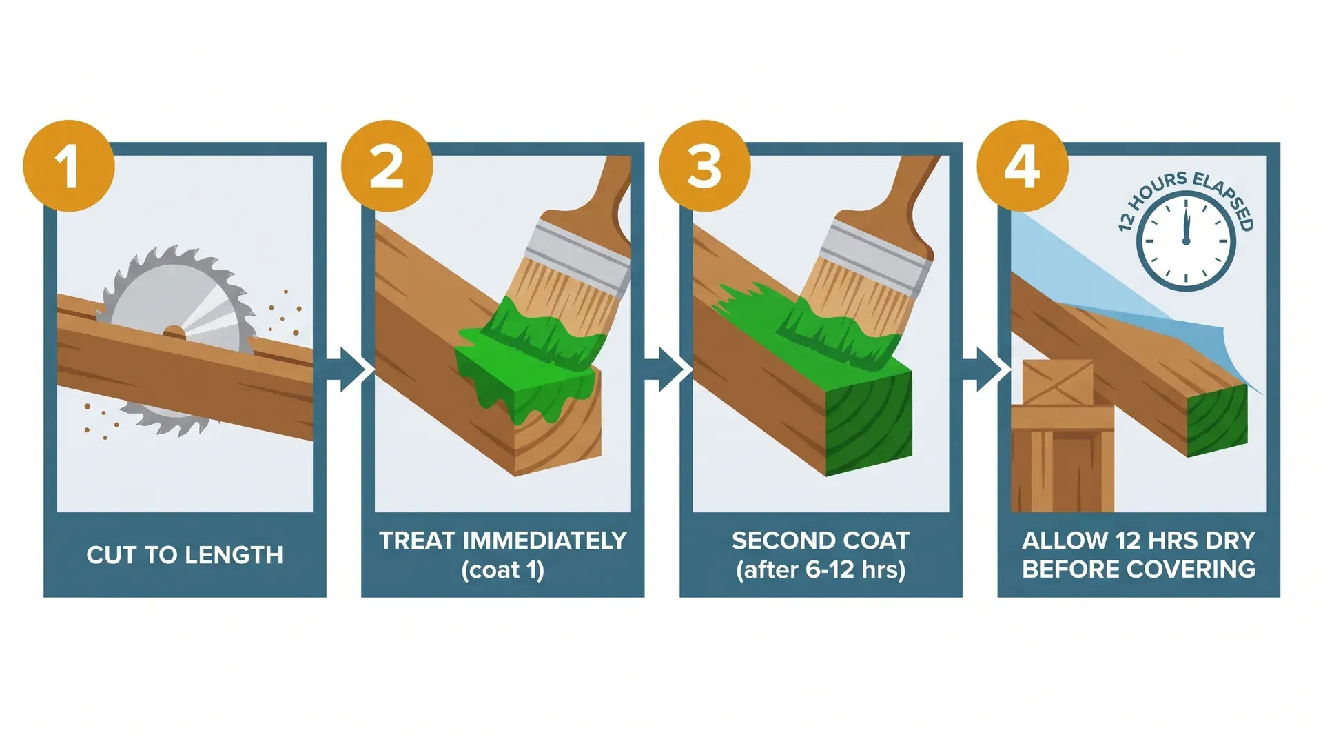 Four-panel flat vector infographic showing the correct end grain preservative application sequence: Panel 1 shows a circular saw making a fresh cut; Panel 2 shows a brush applying vivid green preservative to the freshly cut end; Panel 3 shows a second coat being applied after the first has soaked in; Panel 4 shows the treated rafter installed on a wall plate with a clock indicating 12 hours drying time before covering.
