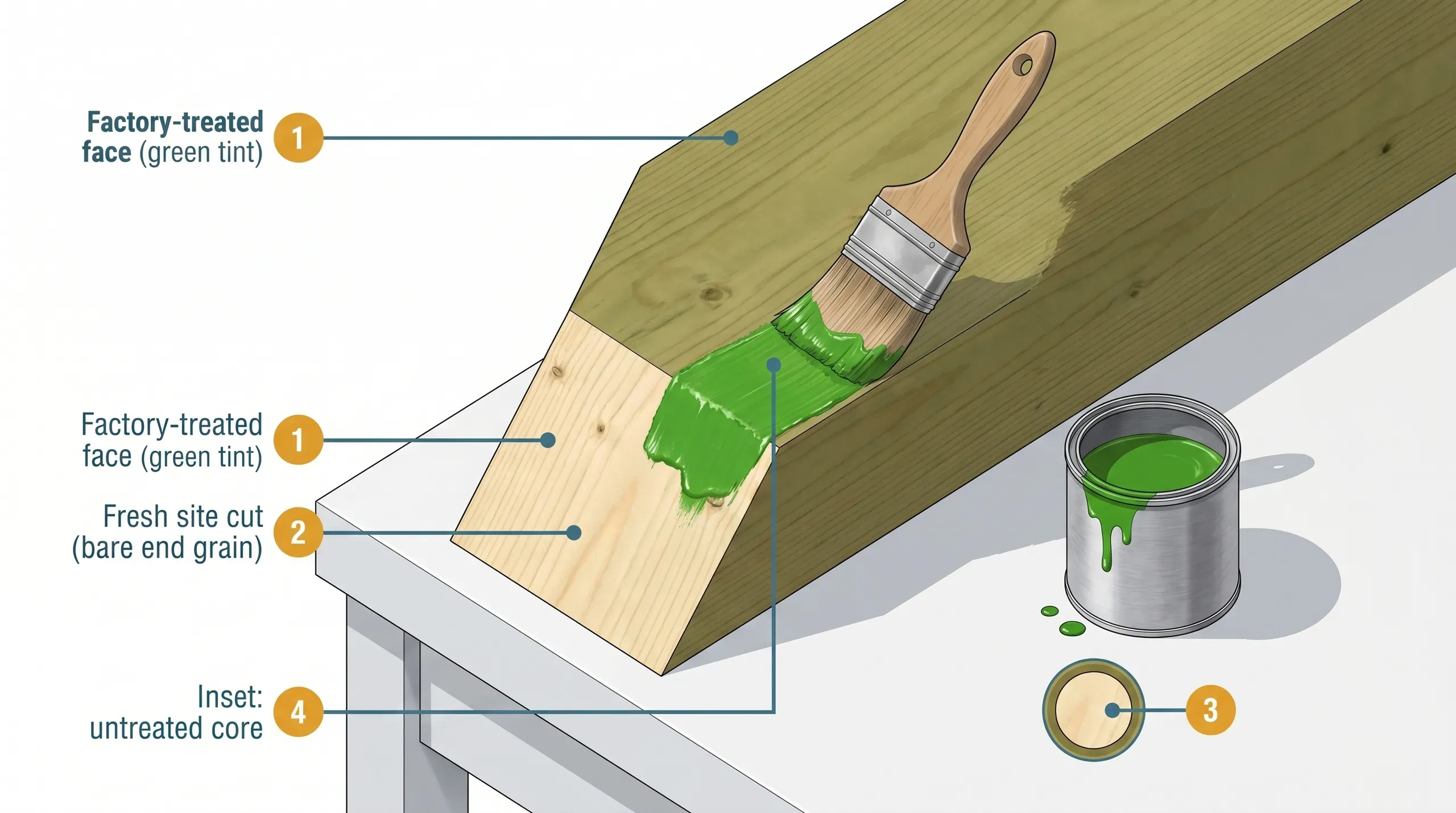 Cross-section diagram showing factory-treated timber's thin outer envelope of preservative around an untreated core, with a fresh saw cut exposing the bare end grain that has to be re-sealed