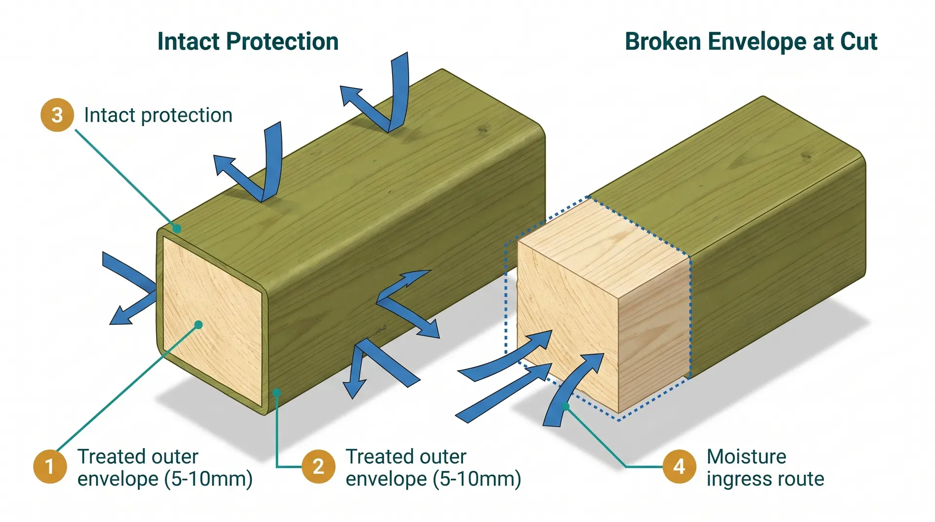 Side-by-side annotated cross-section of two pieces of 47x150mm structural timber: the left piece shows the intact olive-green treatment envelope wrapping the pale untreated core with moisture arrows blocked at the treated faces; the right piece shows the same timber with one end freshly cut, exposing the untreated core as an entry point with moisture arrows flowing freely into the exposed end grain.