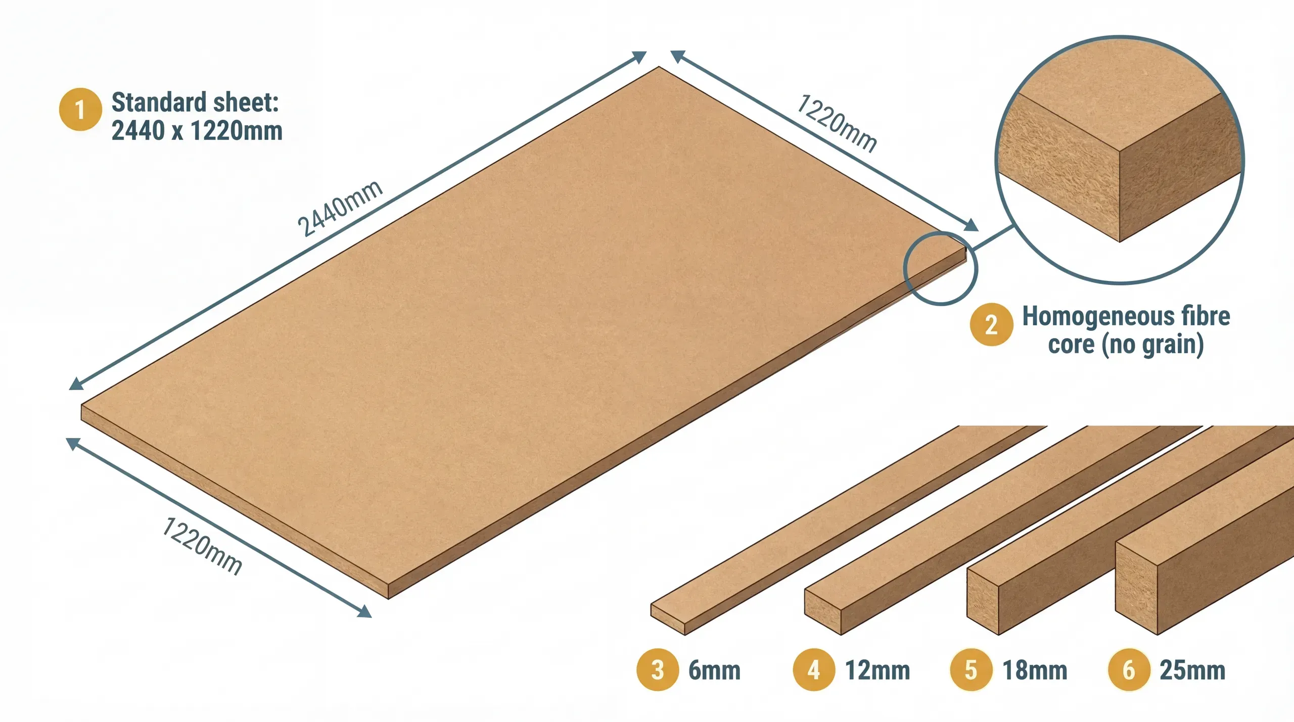 Technical diagram showing MDF sheet cross-section with edge detail, standard UK sheet dimensions, and thickness variants from 3mm to 25mm