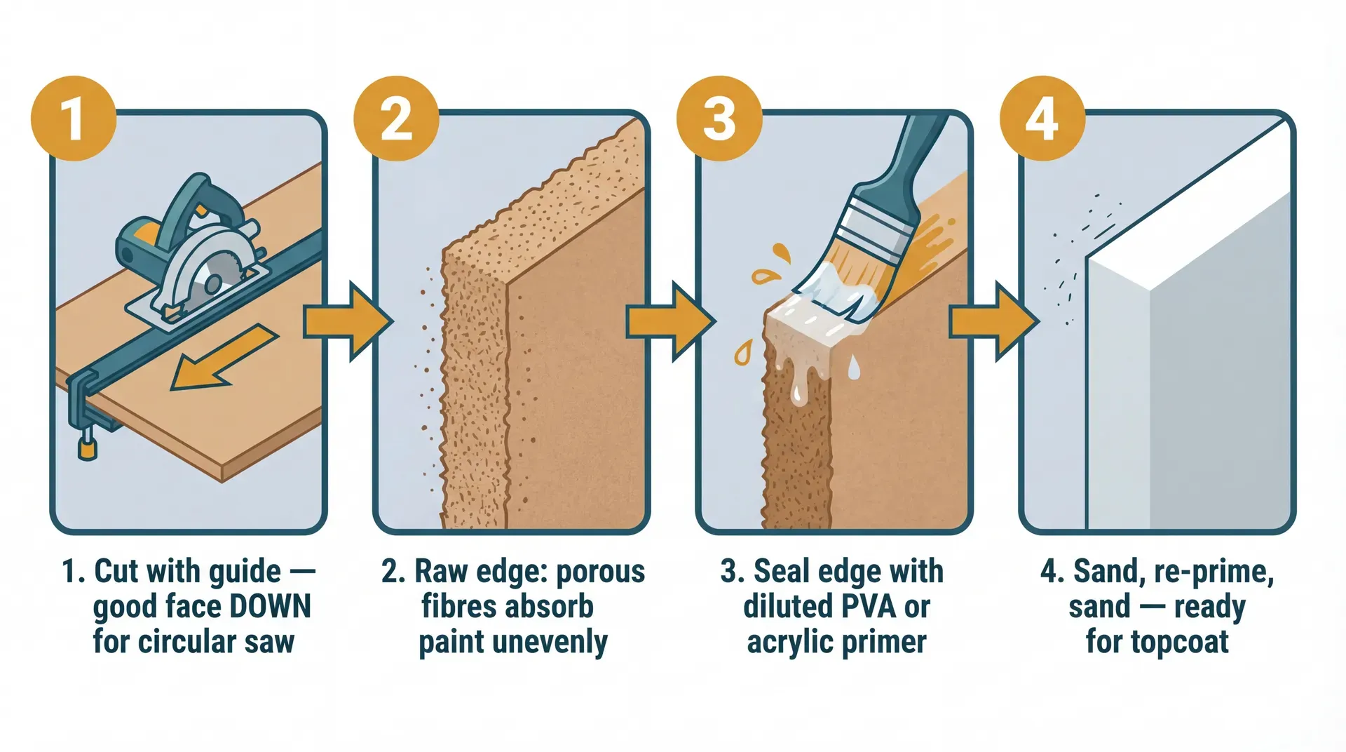 Four-panel process infographic showing MDF cutting technique using a circular saw with a straight-edge guide (good face down), the porous raw cut edge, applying diluted PVA to seal the edge, and the final sanded and primed edge ready for topcoat.