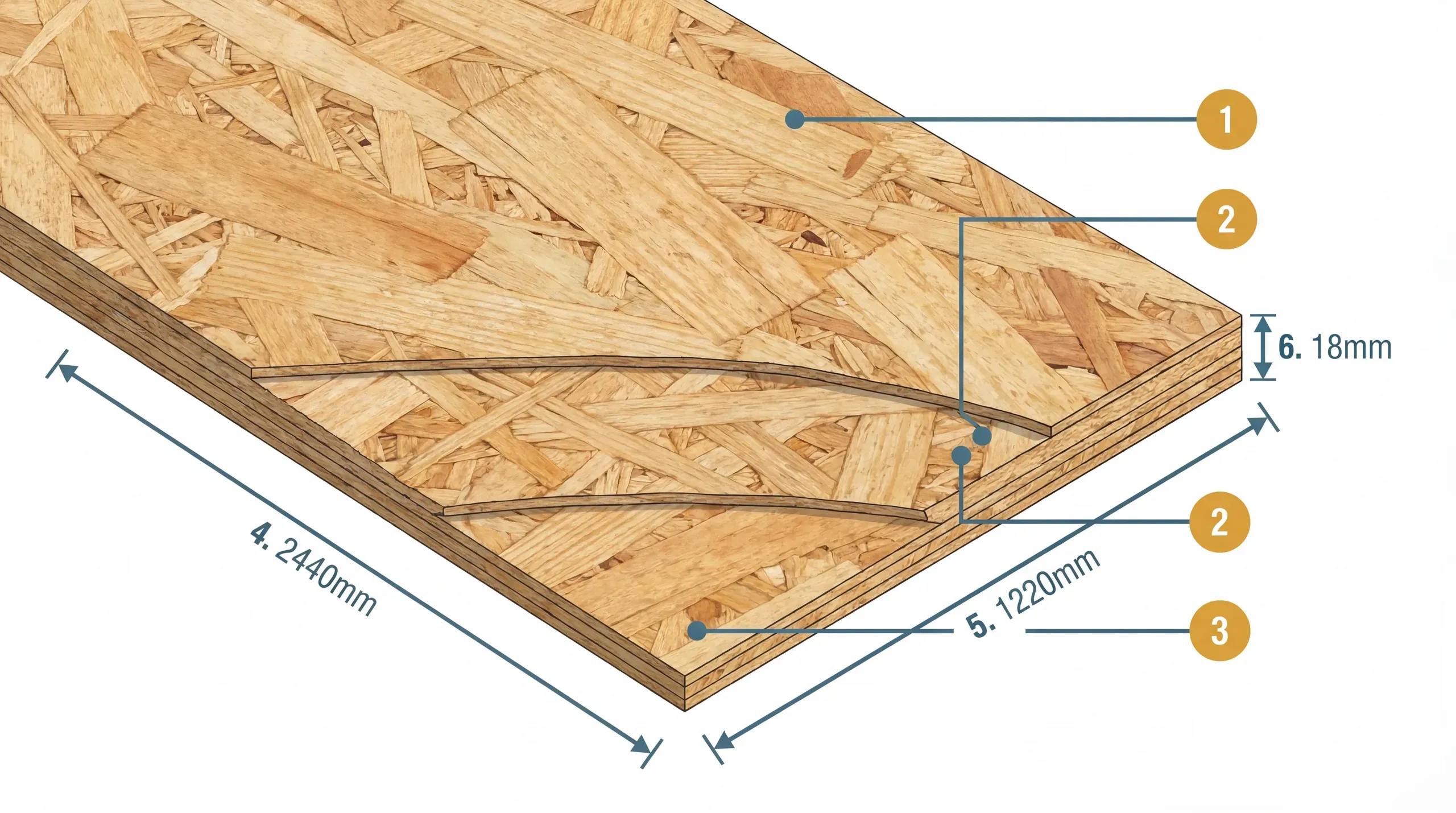Technical diagram showing OSB3 sheet construction with oriented wood strands in cross-directional layers and common application areas