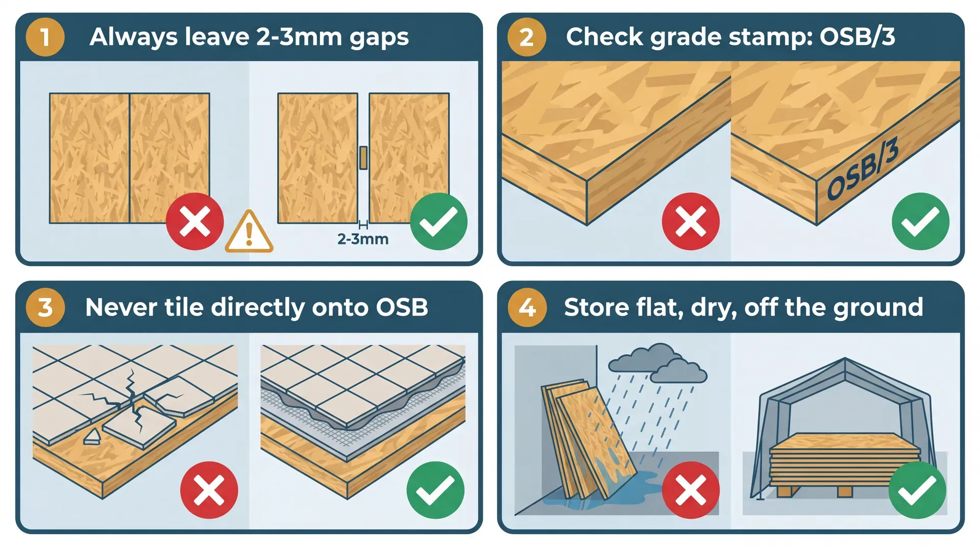 Four-panel infographic showing the most common OSB installation mistakes: tight-butted sheets with no expansion gap, missing grade stamp, tiling directly onto OSB, and improper wet storage, each paired with the correct approach.