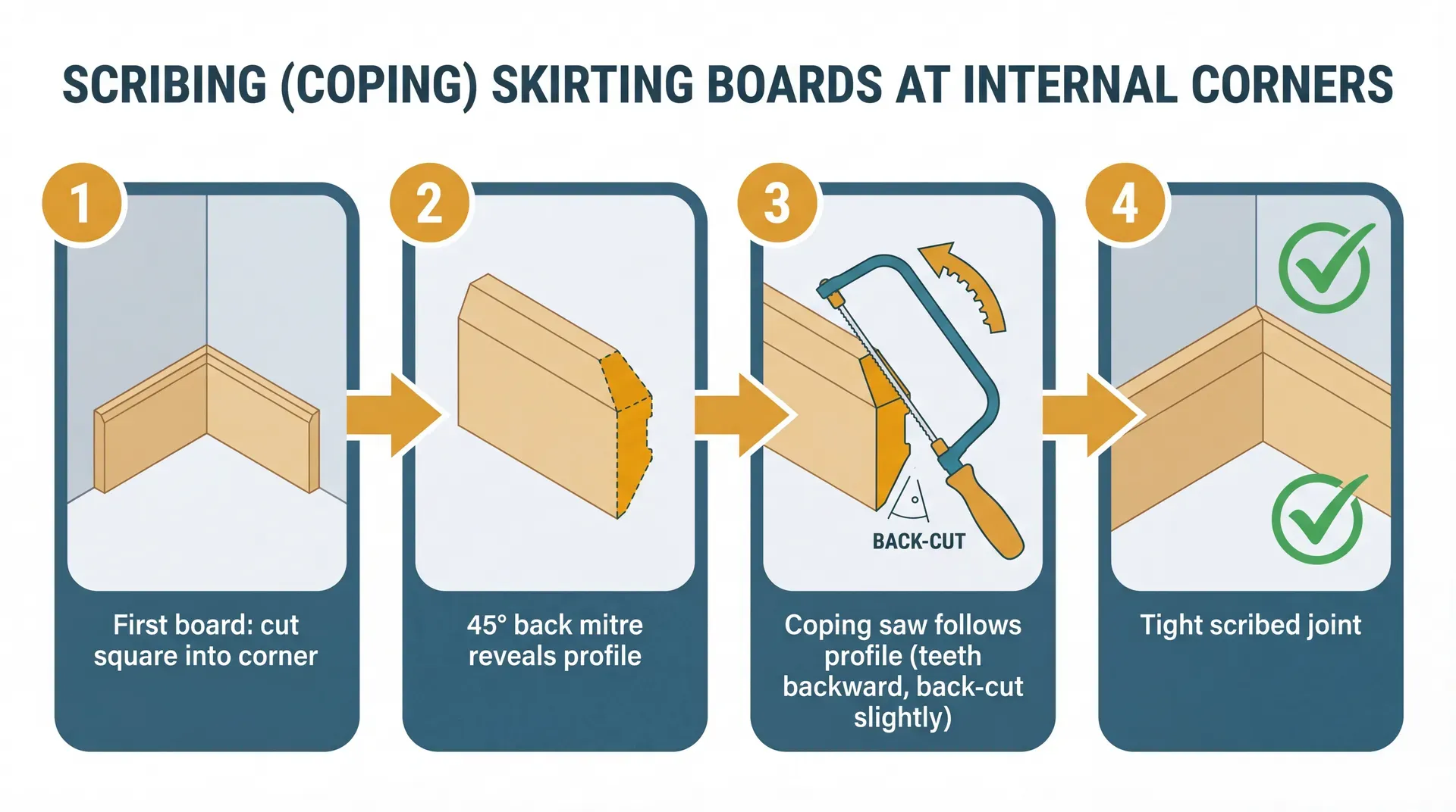 Four-panel flat vector infographic showing the scribing technique for internal skirting corners: first board cut square into the corner, second board with 45-degree back mitre revealing the profile, coping saw following the profile with teeth backward and a slight back-cut, and the finished tight scribed joint.