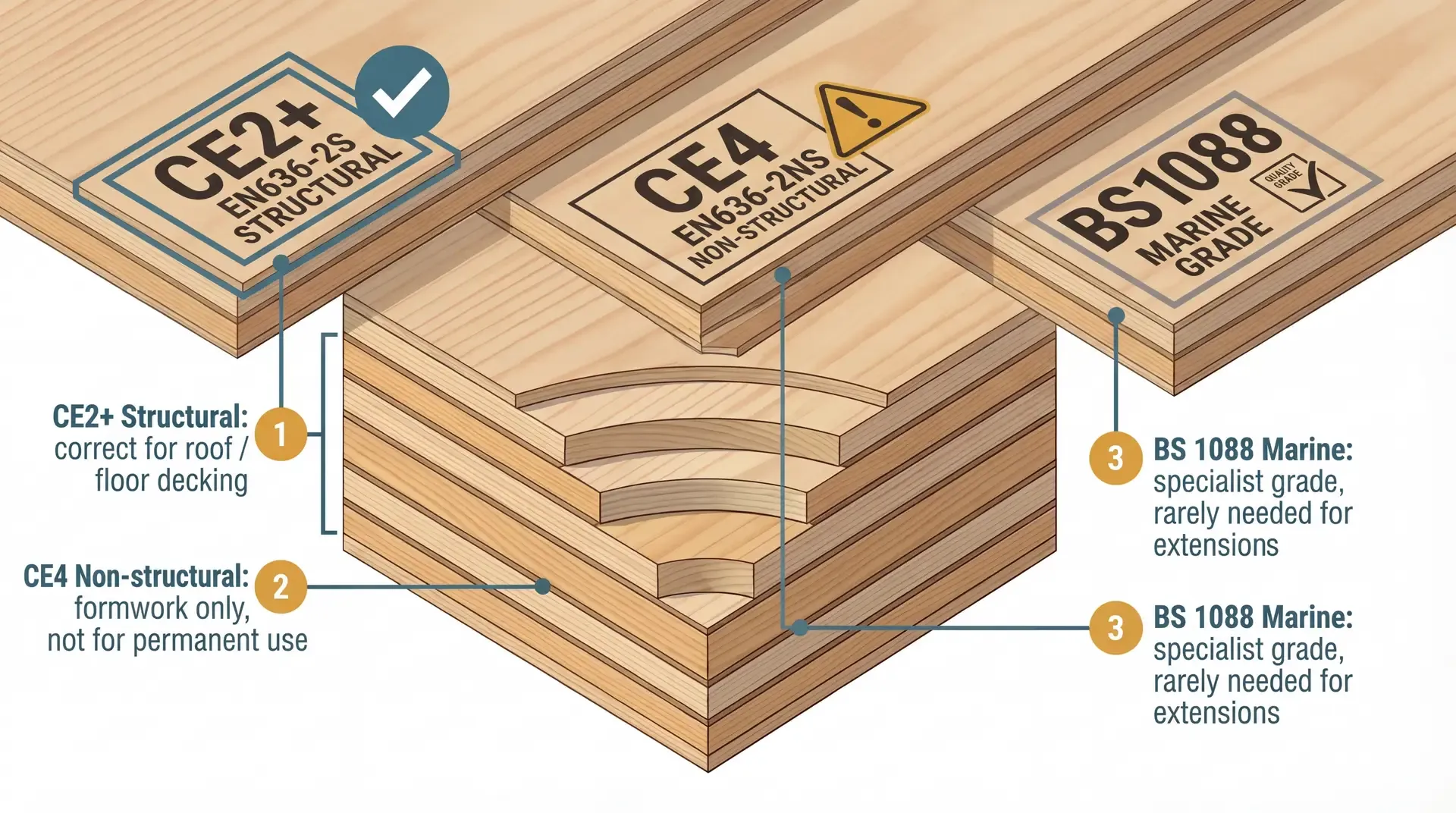 Three plywood sheet corners shown side by side, each stamped with a different grade mark. The left sheet shows CE2+ with EN636-2S structural certification. The centre sheet shows CE4 with EN636-2NS non-structural marking. The right sheet shows BS 1088 marine grade certification. Numbered annotations explain the significance of each stamp.