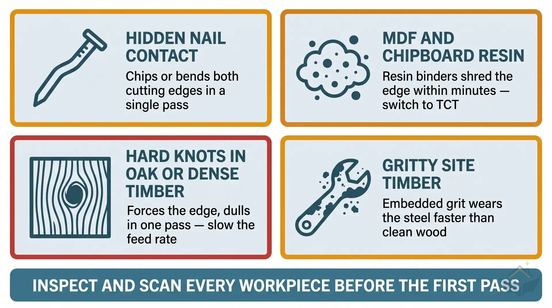Five-panel infographic showing the causes of HSS planer blade failure. Panel 1: nail contact, a nail icon with a red X and the note 'chips both edges in one pass'. Panel 2: hard knots, an oak-grain cross-section with a dense knot highlighted in amber and the note 'slow feed rate to a crawl'. Panel 3: MDF and resin binders, a chipboard cross-section with a warning icon and the note 'switch to TCT'. Panel 4: dirty/gritty site timber, a joist with embedded grit highlighted and the note 'brush off before planing'. Panel 5: over-torqued clamp bolts, a bolt-thread stripped icon with the note 'damages drum'.