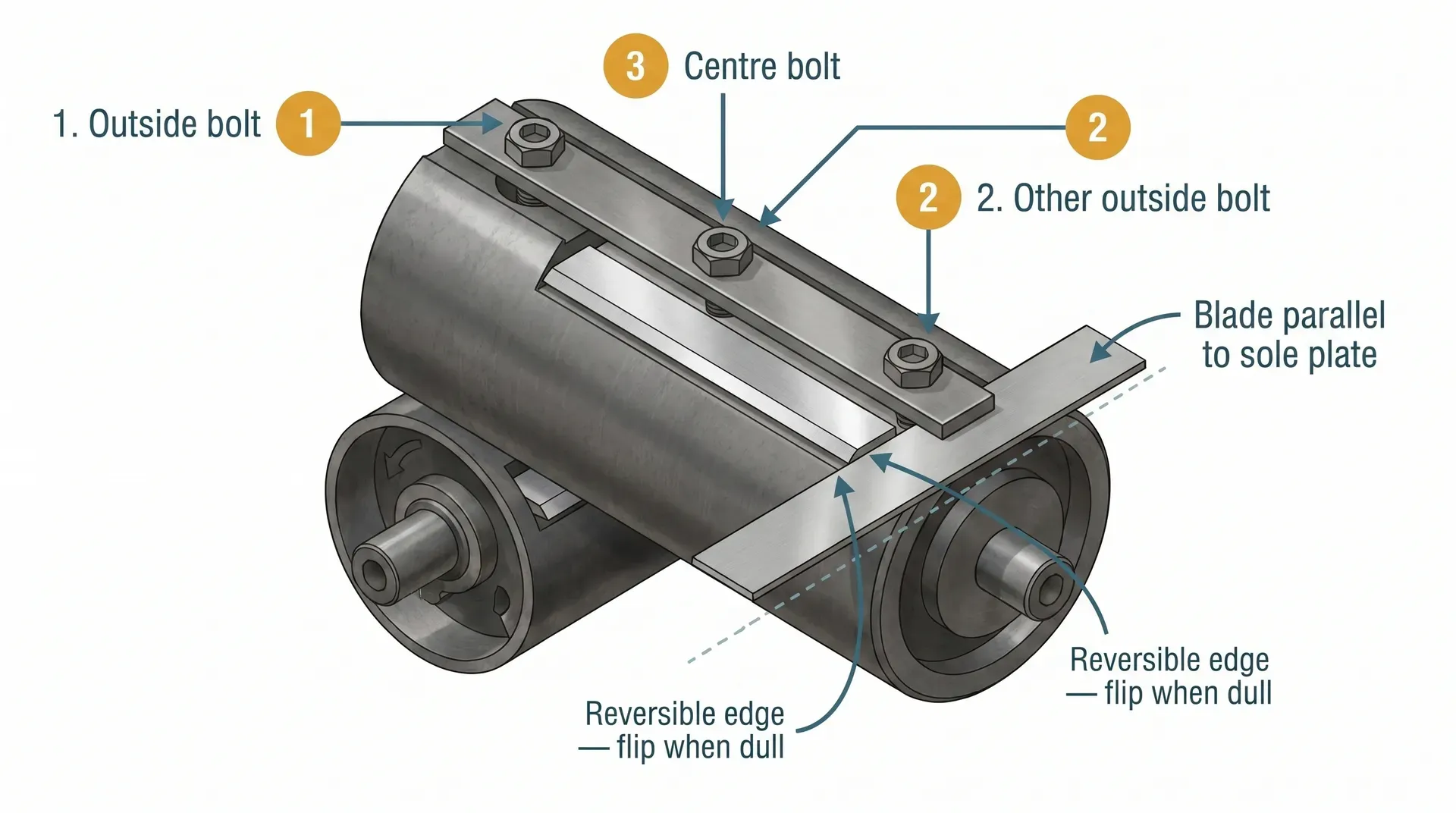 Isometric cutaway diagram of a planer drum showing an 82mm HSS blade seated in the clamp slot, with three hex-head clamp bolts numbered in the correct outside-in tightening sequence, and a straight edge resting across the sole plate to verify the blade height.