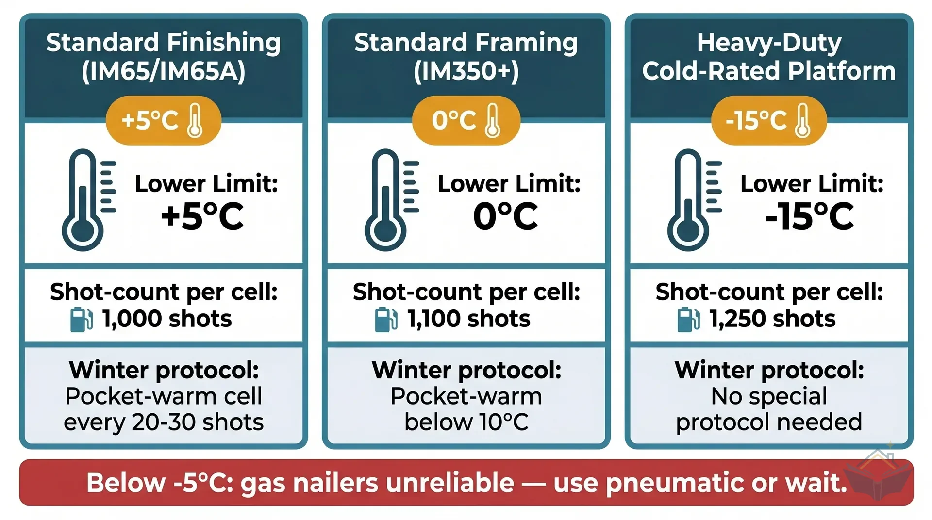 Temperature-band infographic for gas nailer fuel cell cold-weather handling. Five horizontal bands from top to bottom: green band above 10°C labelled 'Normal use, no special handling'; amber band 5-10°C labelled 'Pre-warm cell in pocket 5 minutes before fitting'; orange band 0-5°C labelled 'IM65 misfire zone, rotate pocket-warmed cells every 3-4 strips'; red band 0 to -5°C labelled 'IM350 marginal zone, consider pneumatic hire'; dark red band below -5°C labelled 'Do not use gas nailer'. Each band has a thermometer icon and the relevant tool platform named.