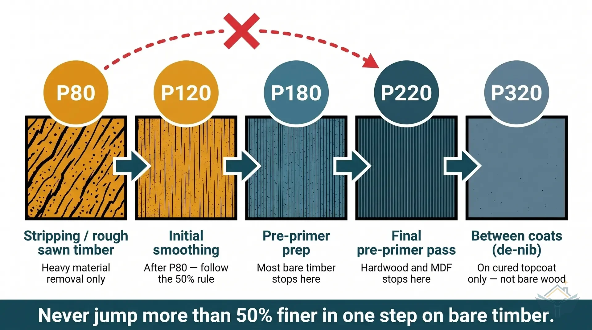 Decision-tree infographic for sandpaper grit selection. Top node: 'What surface?' splits into three branches: Bare timber, Painted surface, and Filler/primer. Bare timber branch shows the P120 to P180 to P220 progression for softwood and P120 to P220 for MDF. Painted surface branch shows P180 for scuff-sanding old paint and P320 for between-coats de-nibbing. Filler/primer branch shows P120 to P180 to P220. Each end node has a coloured grit chip icon.