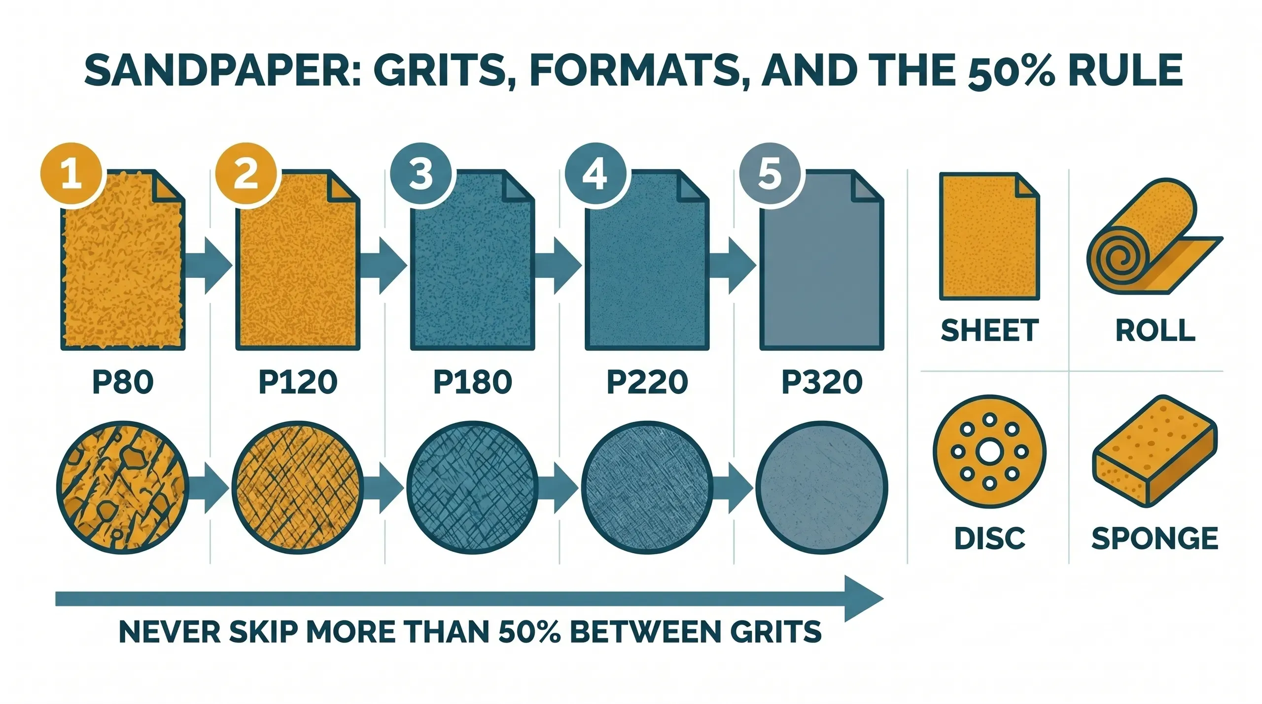 An overhead arrangement of sandpaper formats on a workshop bench: a fan of P80, P120, P180, P240 and P320 sheets, a 10m roll partially unwound, a stack of 125mm random-orbital discs, two foam sanding sponges, a cork sanding block, and a microfibre cloth folded beside them