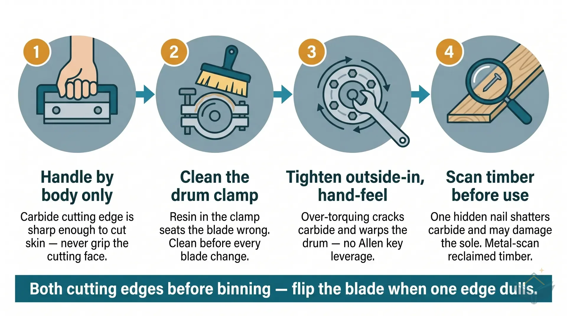 Four-panel care and storage procedure for TCT planer blades. Panel 1: handling, a hand gripping the blade body (not the cutting face) with a green tick and a finger touching the carbide edge with a red X. Panel 2: storage, blades laid flat in a plastic wallet with a green tick, and blades stacked loose in a toolbox with a red X. Panel 3: rust prevention, a machine oil tin with an arrow indicating a light wipe on the steel body before storage. Panel 4: disposal, blades wrapped tightly in cardboard before binning.