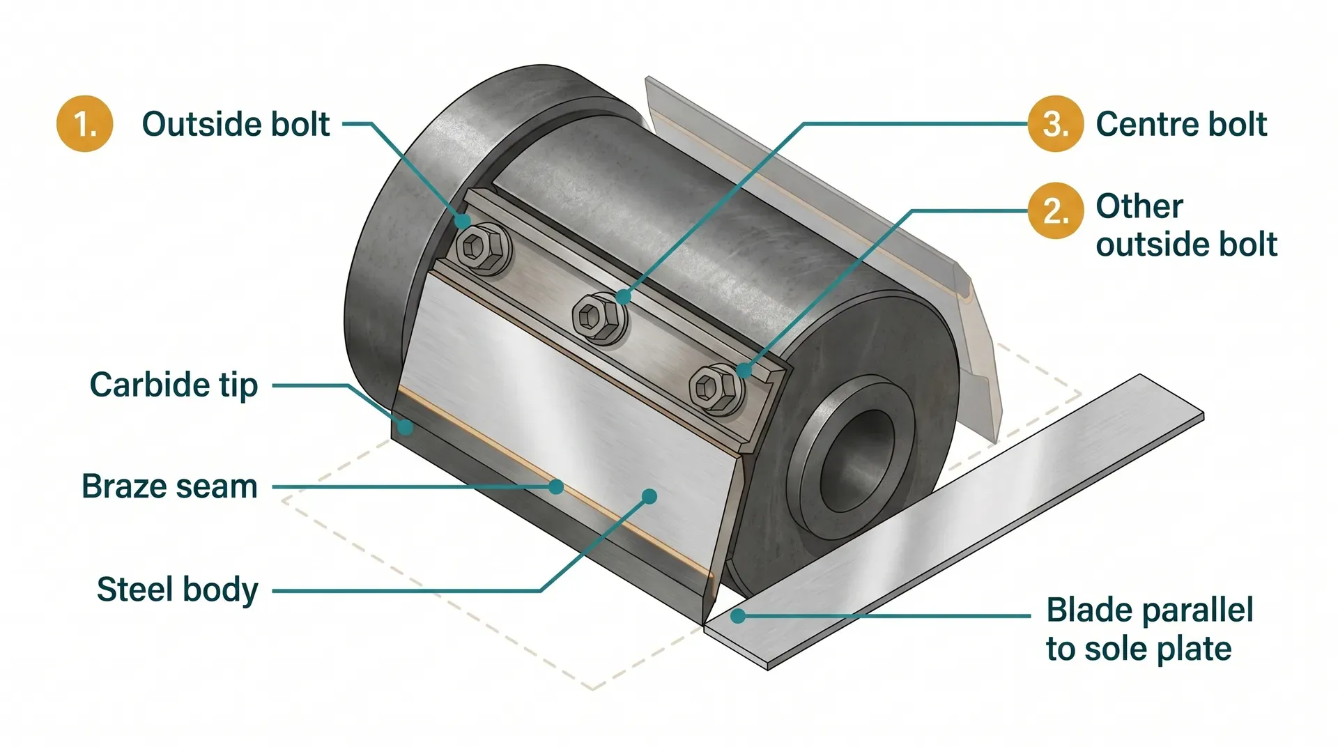 Isometric cutaway technical diagram of an 82mm planer drum with a reversible TCT blade seated in the clamp slot. The steel blade body is shown in bright silver, the carbide tip as a darker graphite band, and the braze seam as a pale amber line. Three clamp bolts are numbered in tightening order (outside-in), with a straight edge across the sole plate confirming the blade is set flush.