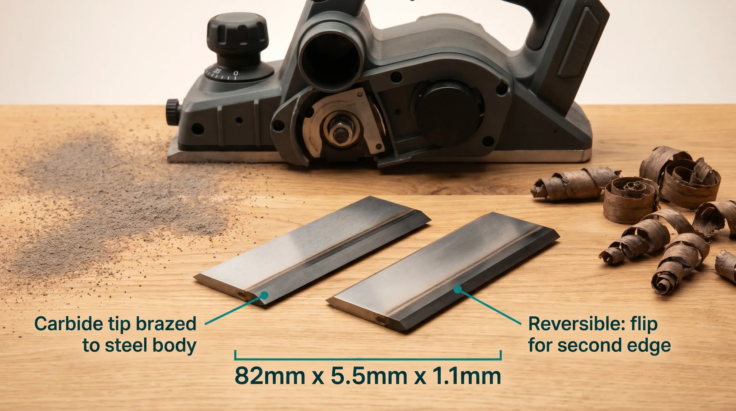 Pair of 82mm reversible TCT planer blades shown beside a cordless electric planer on a workbench scattered with MDF dust and oak shavings