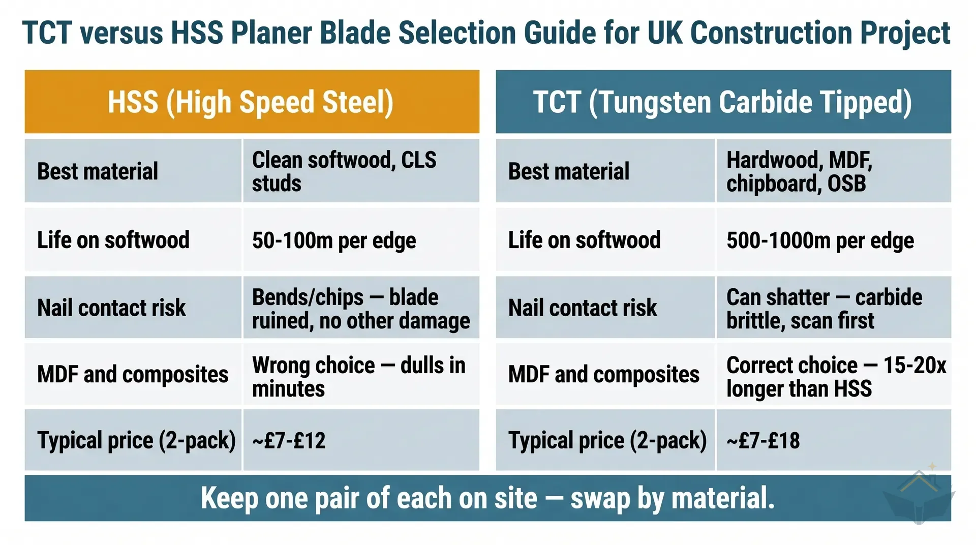 Material-based blade selection infographic with two columns. Left column headed 'Use TCT': lists hardwood doors, MDF skirting and architrave, chipboard, OSB, painted or coated timber, reclaimed joists, and any composite board. Right column headed 'Use HSS': lists clean CLS softwood studs, sawn joist trimming, softwood door leaves, cases where nail contact is likely, and budget-limited jobs. Each row has a material icon. A dividing line between the columns has the label 'Deciding factor: resin binders and hardness'.