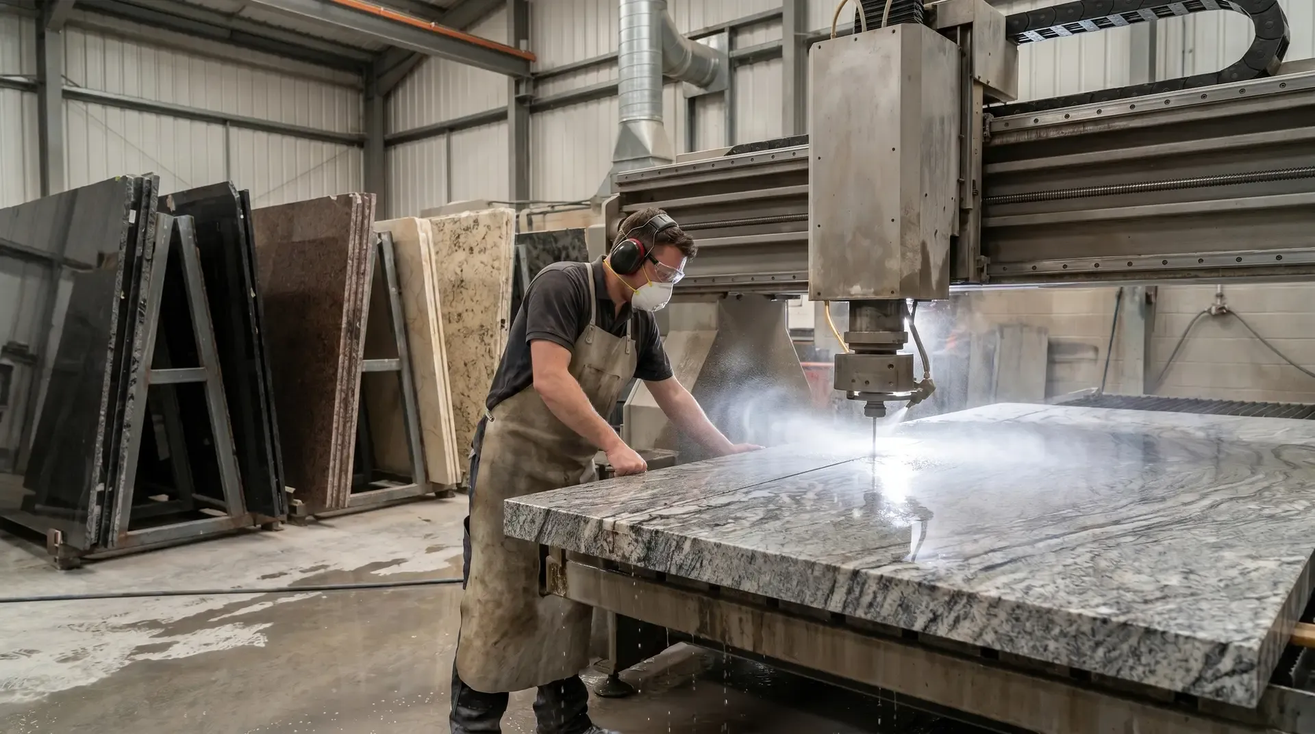 A stone fabricator's workshop showing a worker in full PPE operating a large CNC water-jet cutting machine on a granite slab, with water cooling spray visible and rows of granite slabs stored on A-frame racks in the background.
