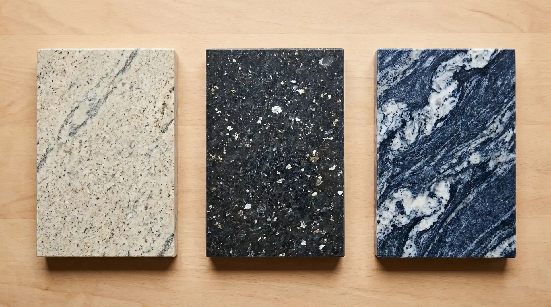 Three granite slab samples on a workshop bench photographed from above: a light beige stone with grey veining (standard grade), a deep dark stone with silver and gold metallic flecks (mid-range), and a dramatic blue-and-white stone with bold swirling patterns (premium grade).