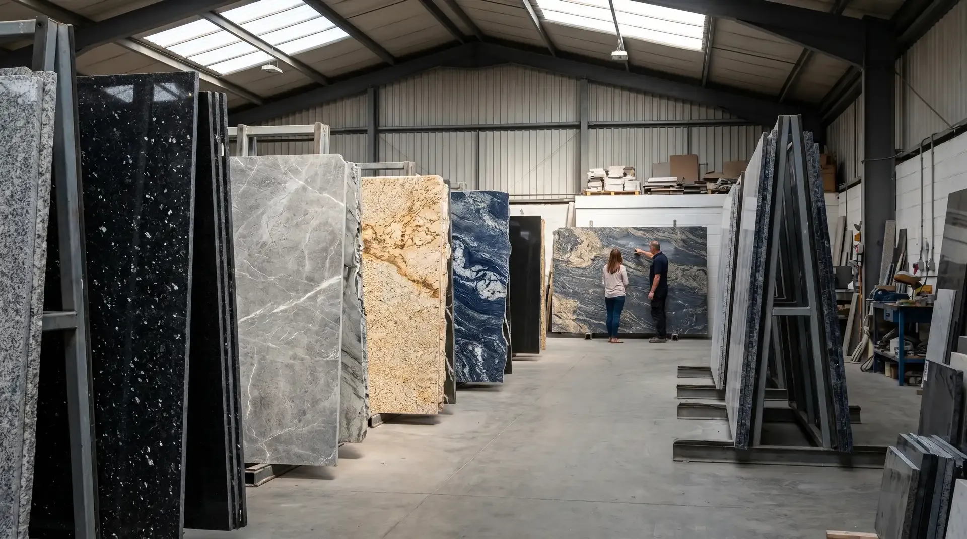 The interior of a stone fabricator's stoneyard showing rows of large granite slabs in a variety of colours and patterns stood vertically in heavy A-frame storage racks, with two figures visible in the distance examining one of the slabs.