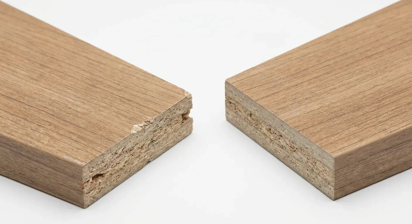 Close-up comparison of two laminate worktop cut edges side by side: on the left, a 38mm standard laminate showing pale chipboard core (compressed wood particles) between the decorative top layer and backer sheet; on the right, a 12mm compact laminate showing a uniform dense dark resin-impregnated paper core with no chipboard.