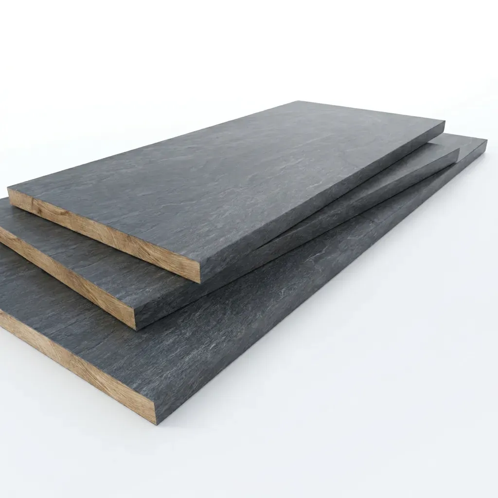 Three laminate worktop profiles shown side by side: a 38mm postformed standard laminate with a chipboard core, a 22mm square-edge standard laminate, and a 12mm compact laminate solid core, each cut through to show the internal construction.