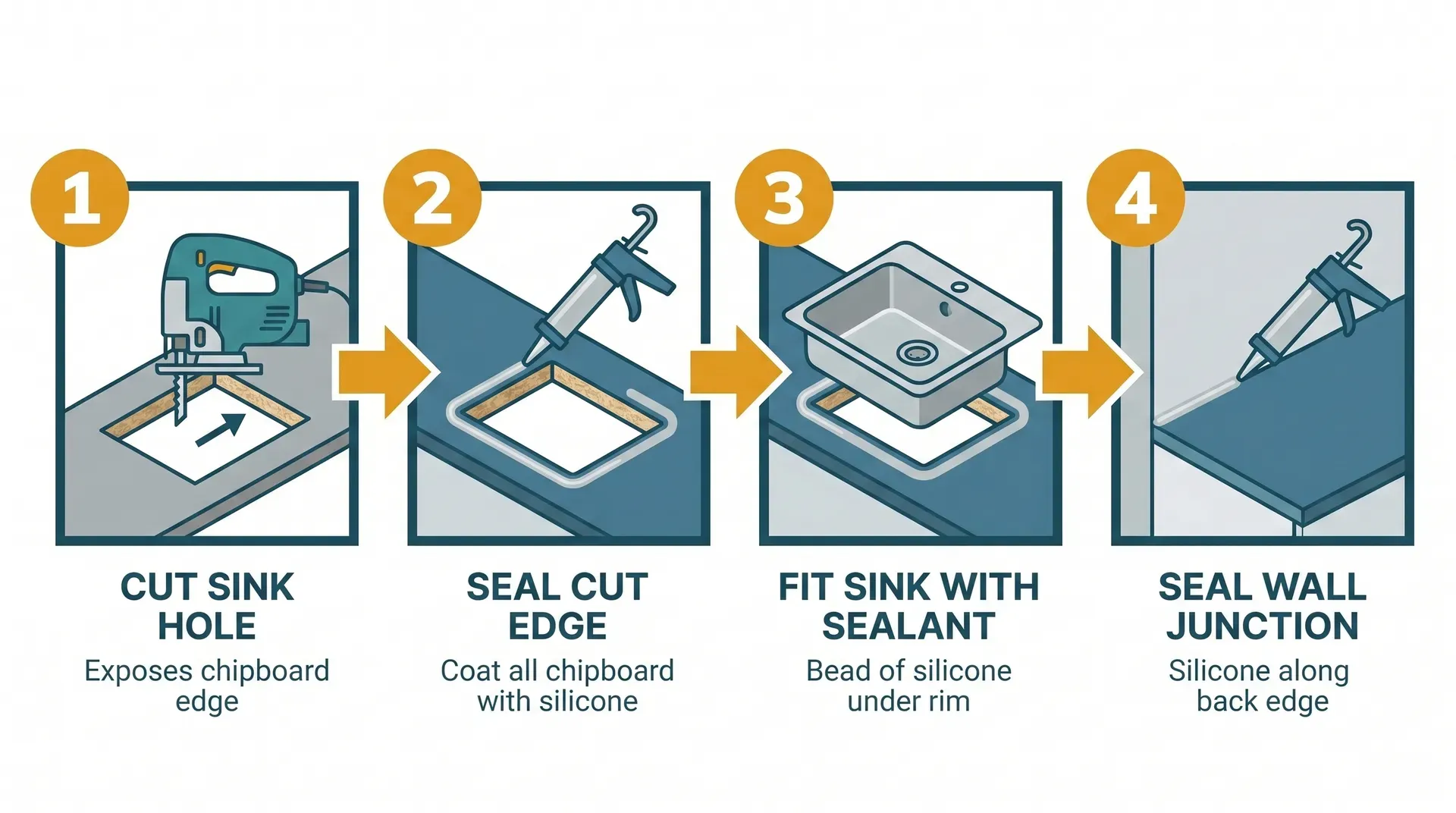 Four-step process infographic showing the laminate worktop sink cutout sealing sequence: Step 1 cut the sink hole exposing the chipboard edge, Step 2 seal all cut chipboard edges with silicone, Step 3 fit the sink with a silicone bead under the rim, Step 4 seal the worktop-to-wall junction along the back edge.