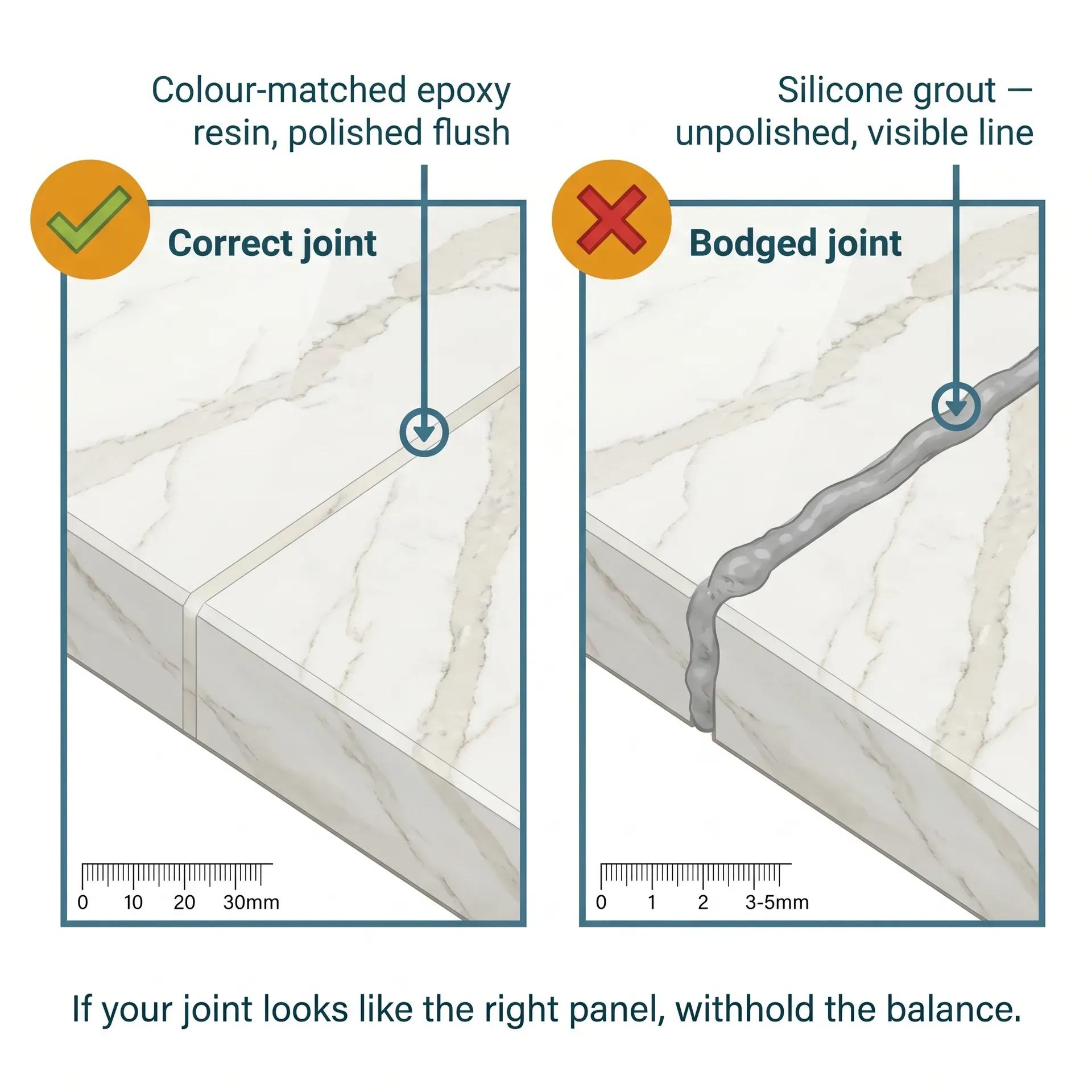 Side-by-side comparison of two quartz worktop joints viewed from above: on the left, a correctly executed colour-matched epoxy resin joint polished flush and nearly invisible; on the right, a bodged joint with a visible grey silicone bead sitting proud of the surface, with a footer note to withhold payment if the joint looks like the right panel.