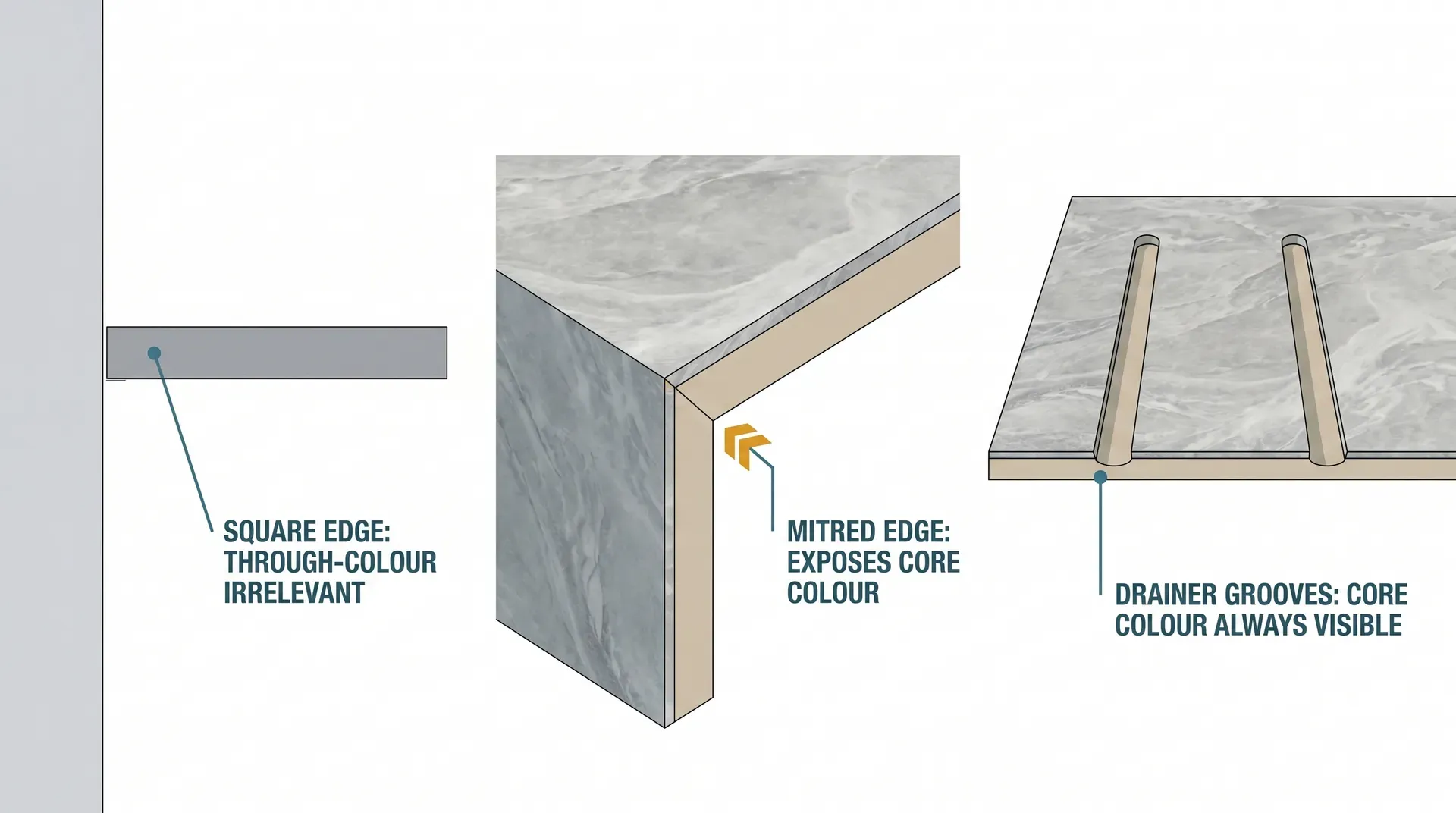 Technical diagram showing three sintered stone cross-section scenarios side by side: a square edge where through-colour status does not matter, a mitred edge where a non-through-coloured core is exposed at the join corner, and a routed drainer groove where the lighter core colour is always revealed along the groove channel.