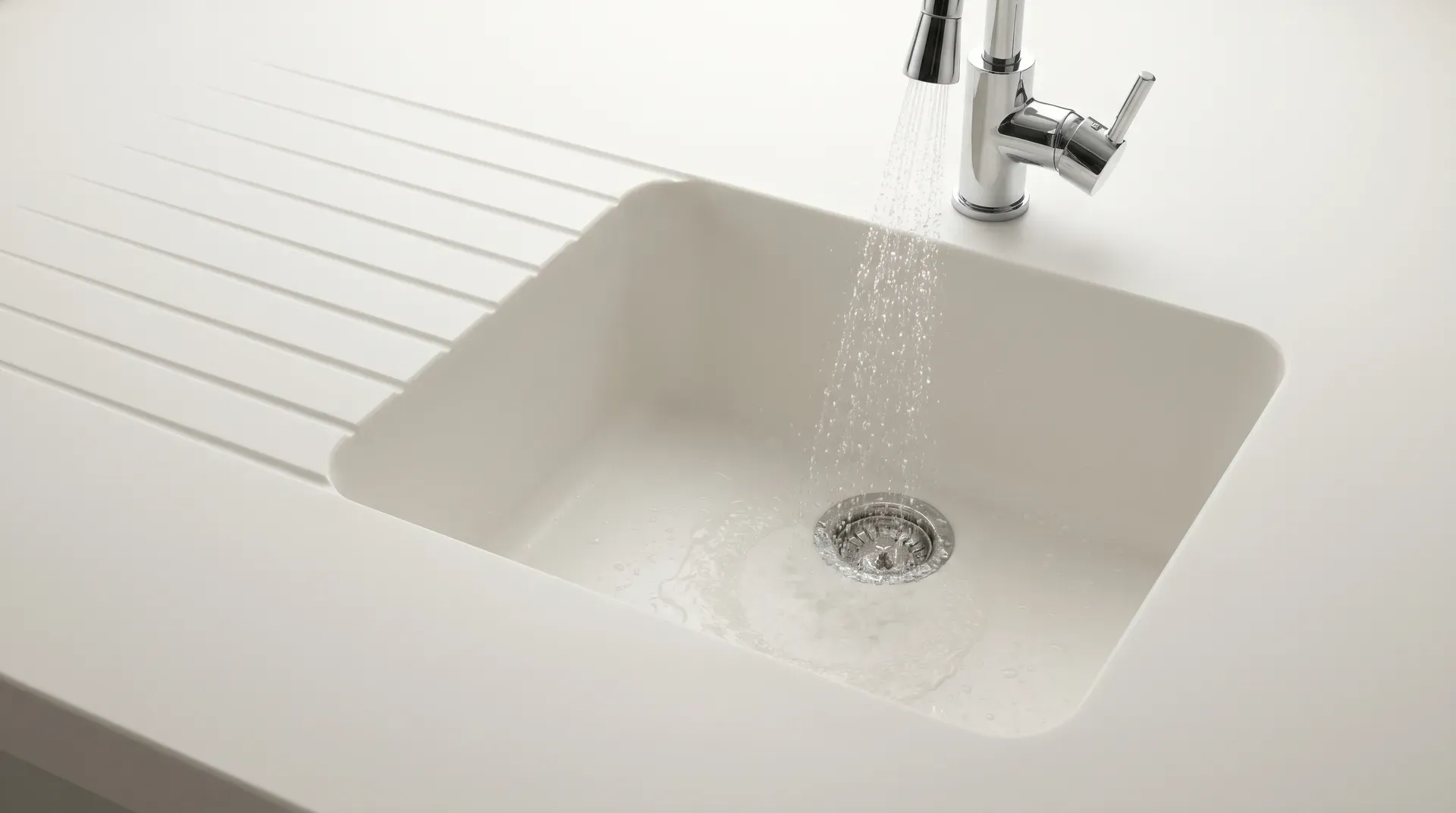 Close-up overhead view of an integrally moulded solid surface sink in warm white, showing the seamless continuous surface where the worktop flows into the sink bowl interior with no visible joint or rim. Water streams from a chrome mixer tap, and parallel drainer grooves are routed into the worktop surface to the left, angled toward the bowl.