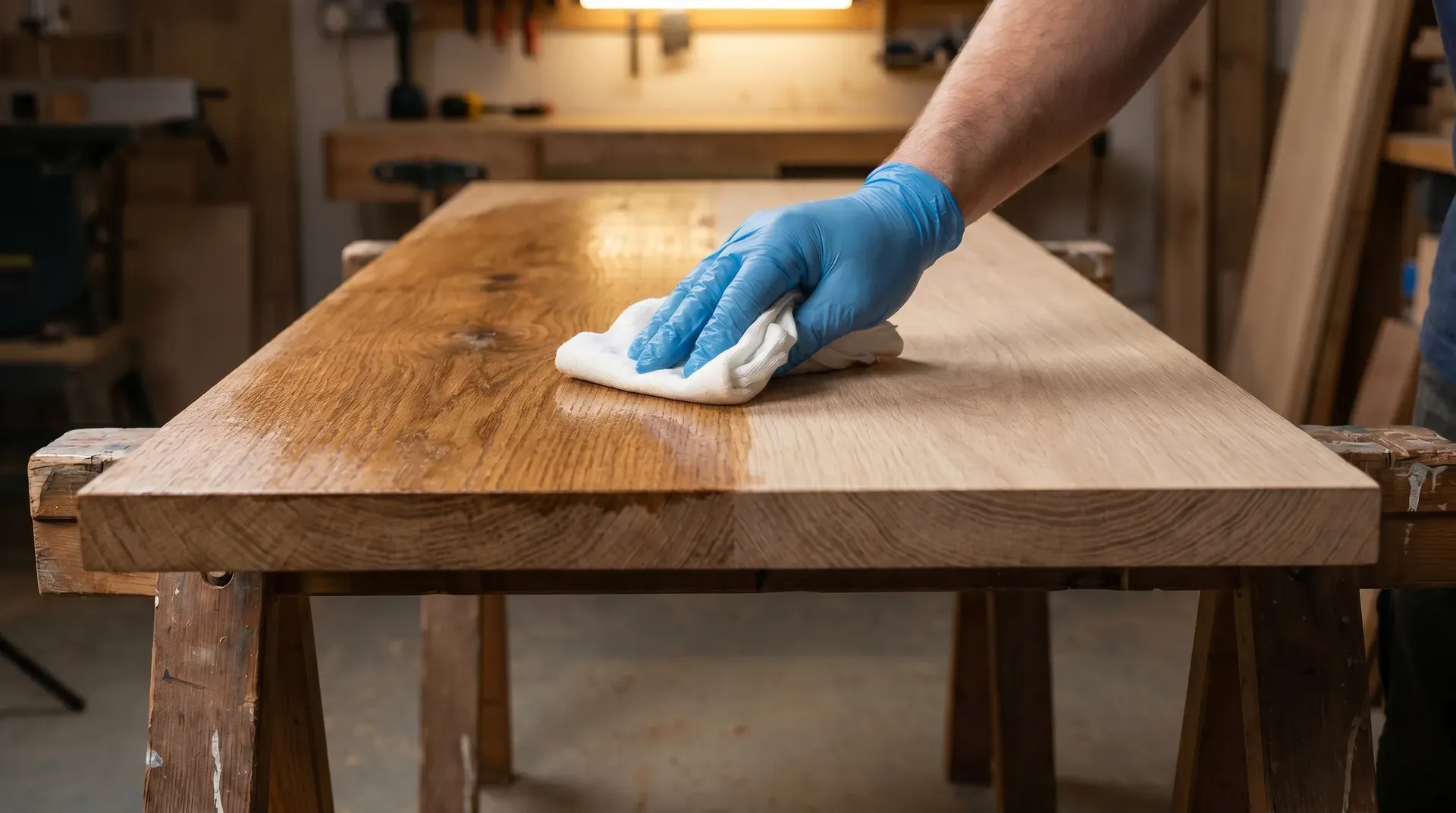 A gloved hand applying oil with a lint-free cloth to the underside of a solid oak worktop laid face-down on trestles. The left side of the underside is visibly darker and richer where oil has been applied, while the right side remains pale raw timber, showing the contrast between oiled and unsealed wood.
