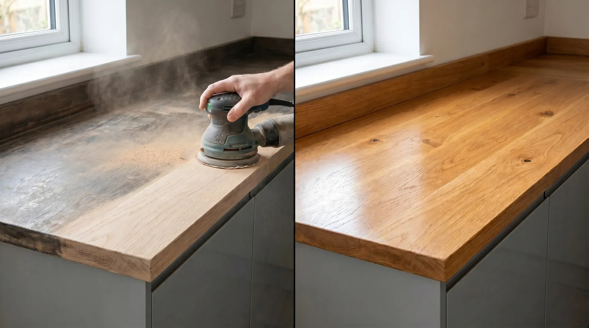 A solid oak kitchen worktop being refinished in situ. The left half of the image shows the worktop mid-sanding with an orbital sander, fine dust visible and a pale fresh timber surface emerging from under the darkened original finish. The right half shows the completed result after oiling, with the worktop returned to a rich warm honey colour and visible grain.