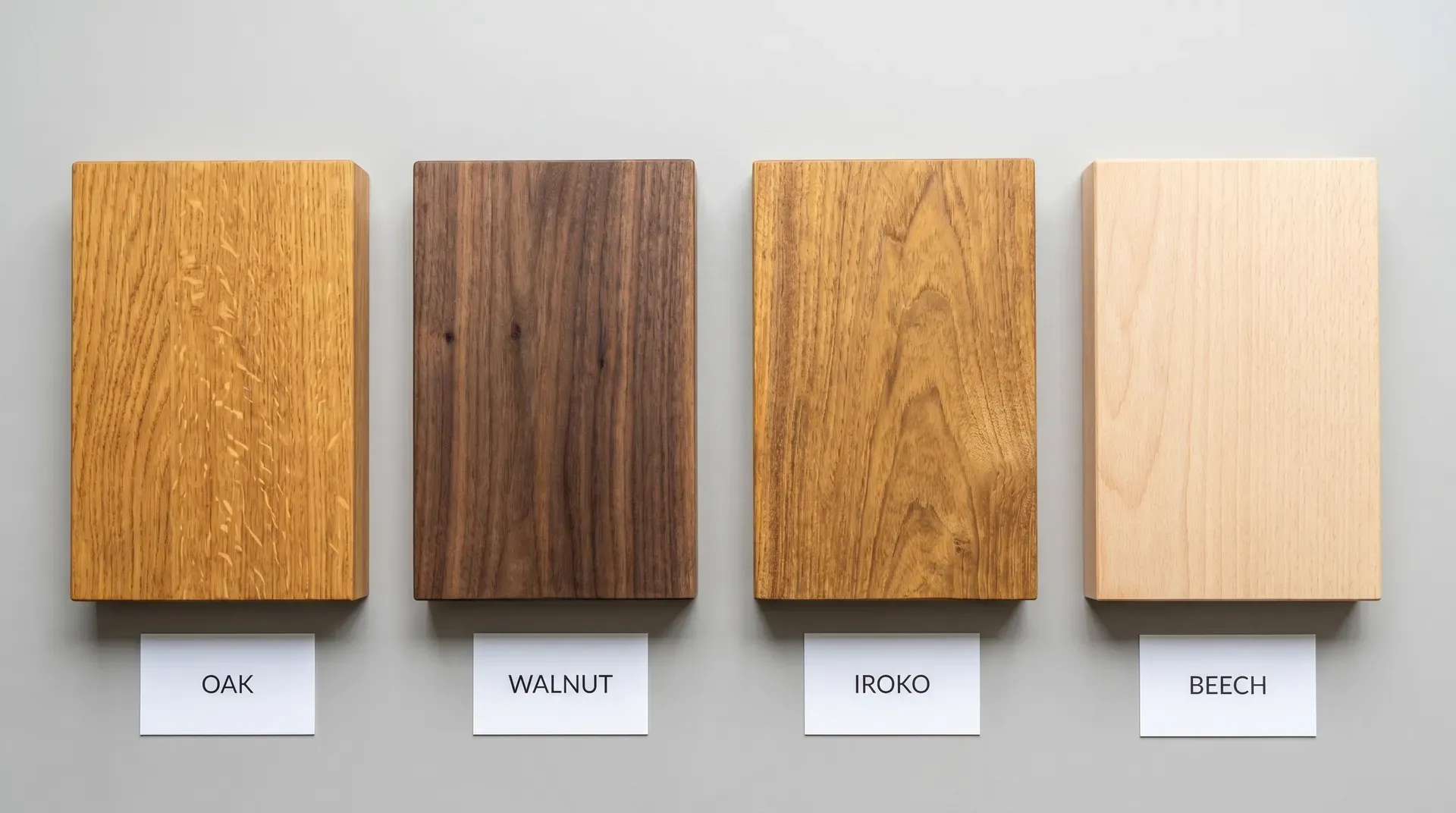 Four solid wood kitchen worktop samples arranged side by side: oak with warm honey-gold pronounced grain, walnut with deep chocolate-brown fine grain, iroko with golden-brown interlocking grain, and beech with pale cream tight uniform grain. Each sample is labelled below with its species name.