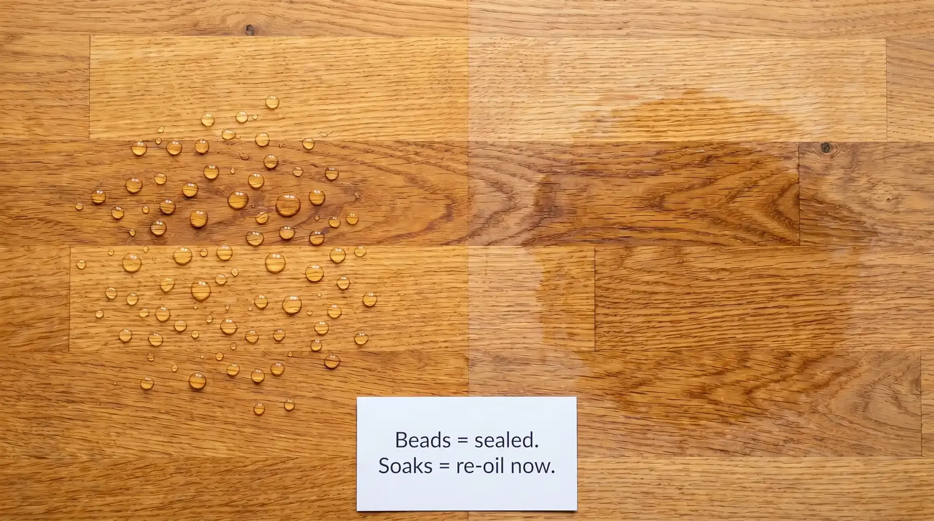 A solid oak worktop surface viewed from above showing two contrasting zones: on the left, water droplets bead tightly on a recently-oiled section indicating a good protective seal; on the right, water has soaked into the grain and darkened the timber, indicating the oil has failed. A label card reads 'Beads = sealed. Soaks = re-oil now.'