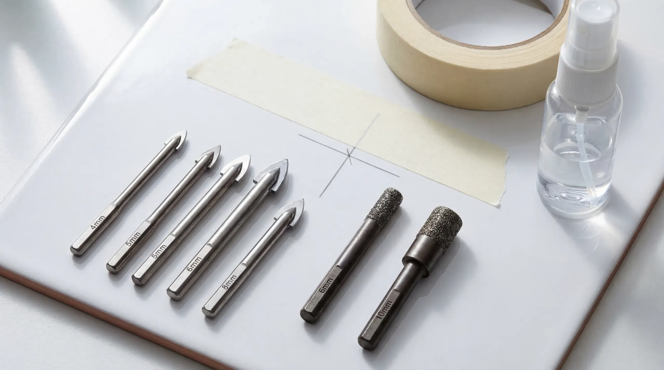 A set of spear-point carbide tile drill bits alongside diamond-tipped bits laid out on a white tiled surface with masking tape and a spray bottle