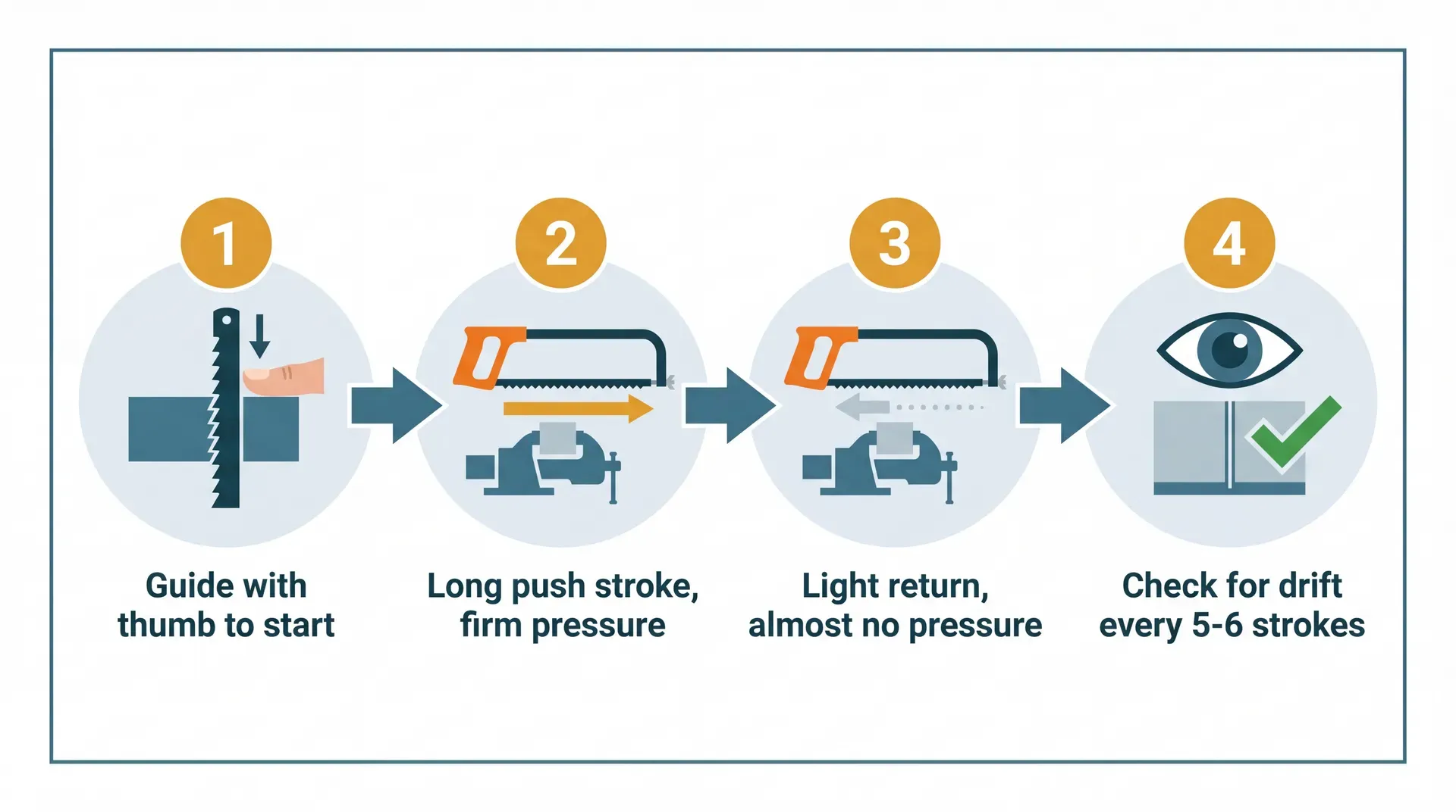 Four-panel flat vector infographic showing hacksaw cutting technique: panel 1 shows guiding the blade with a thumb to start the cut, panel 2 shows a long firm push stroke using 80% of blade length, panel 3 shows a light return stroke with almost no pressure, and panel 4 shows eyeballing the cut from above to check for drift.