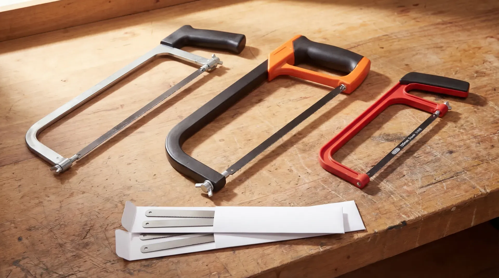 Three hacksaws arranged side by side on a timber workbench: a basic budget hacksaw with stamped steel frame and plastic handle on the left, a mid-range hacksaw with tubular steel frame and ergonomic die-cast handle in the centre, and a small junior hacksaw on the right. Spare replacement blades in paper sleeves lie in front of the tools.
