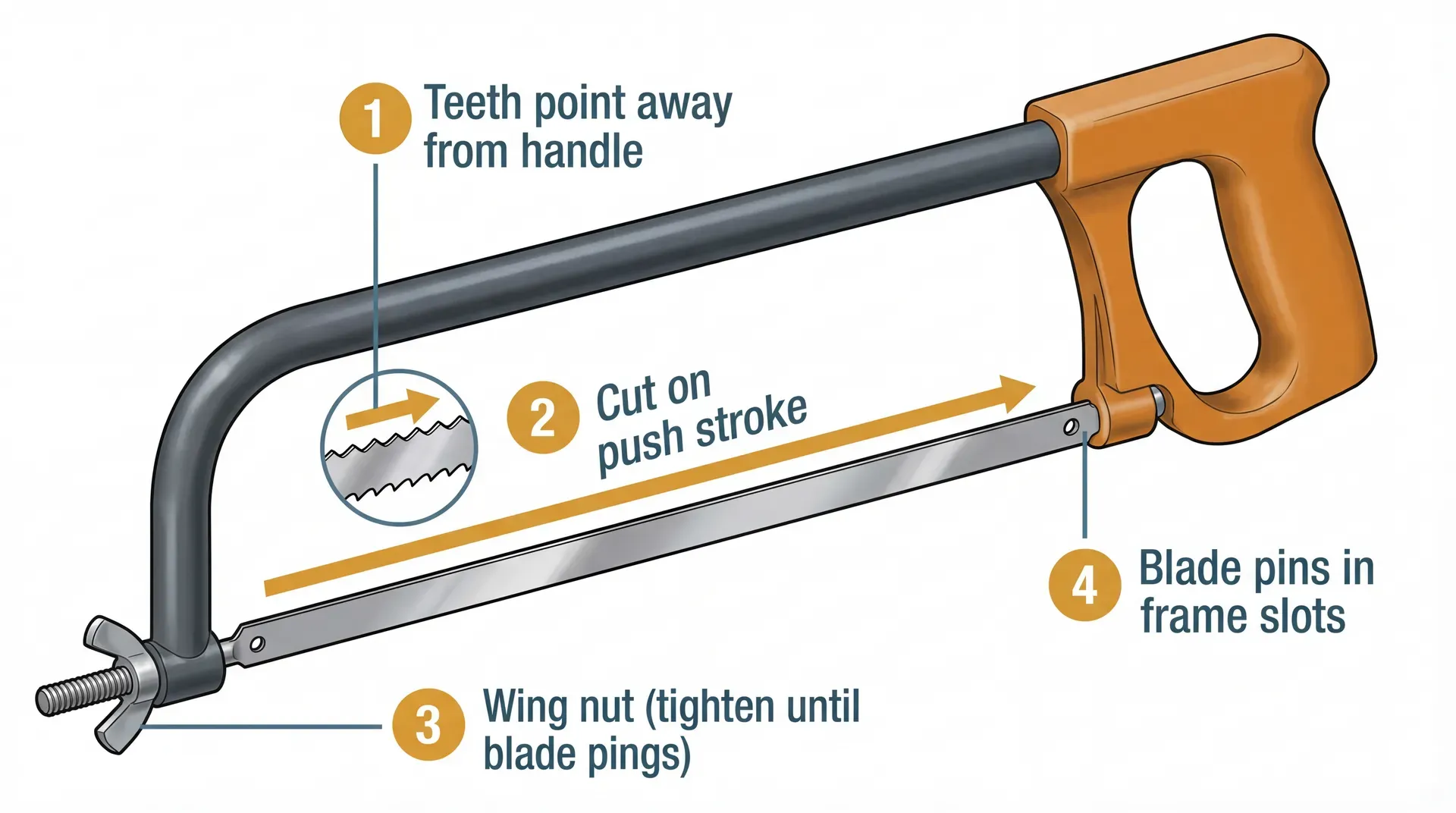 Annotated side view of a full-size hacksaw showing the blade installed with teeth pointing away from the handle toward the front of the saw, a push stroke direction arrow, the wing nut tension mechanism at the front of the frame, and the blade pin seats in the frame slots. Four numbered callouts in amber and teal.