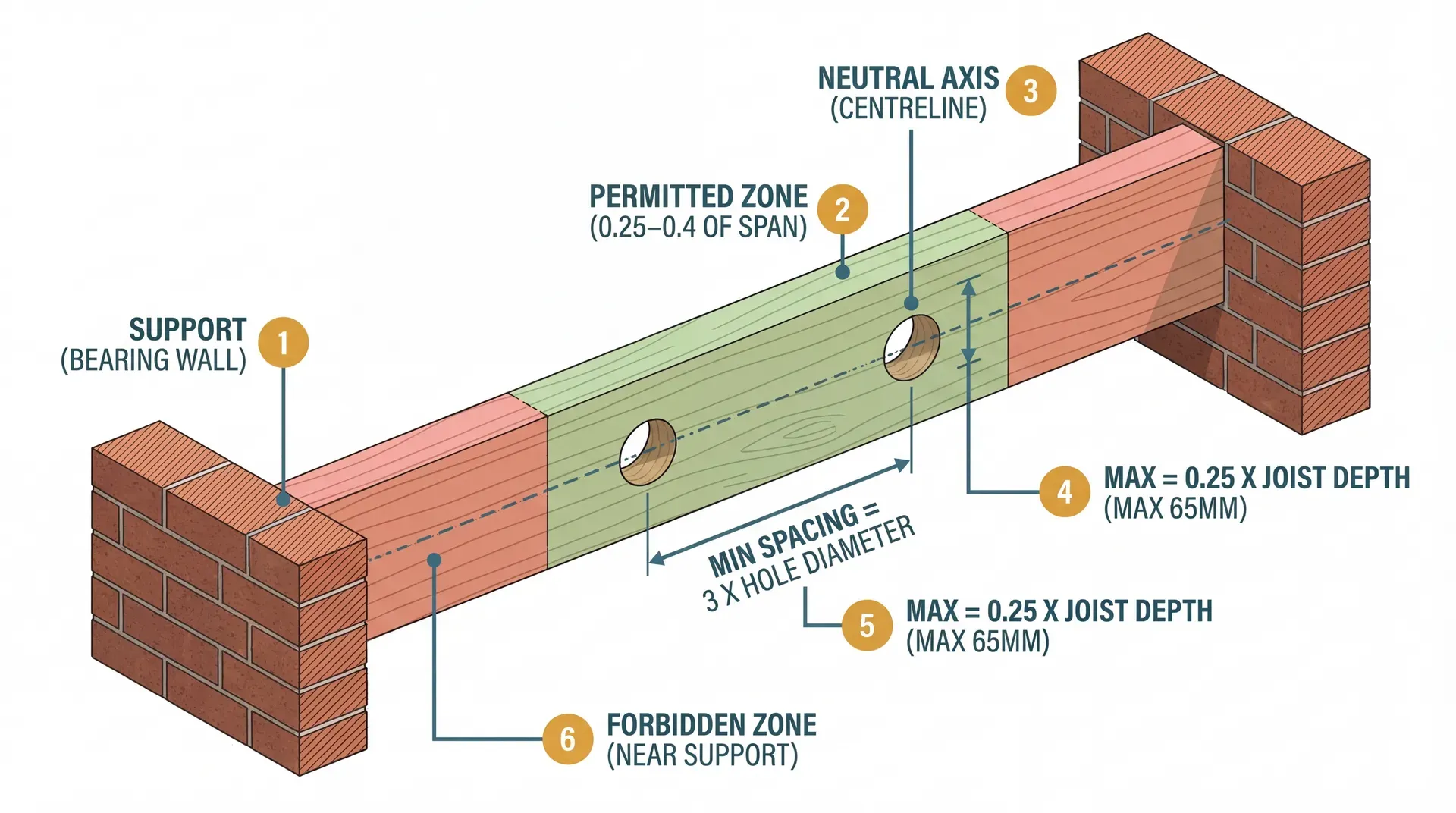 Technical diagram showing a solid timber joist in side elevation spanning between two bearing wall supports. The permitted drilling zone (0.25 to 0.4 of span from each support) is highlighted in green, the forbidden zones near each support are highlighted in red, and two correctly positioned holes are shown on the neutral axis centreline with annotations for maximum hole diameter and minimum spacing rules.