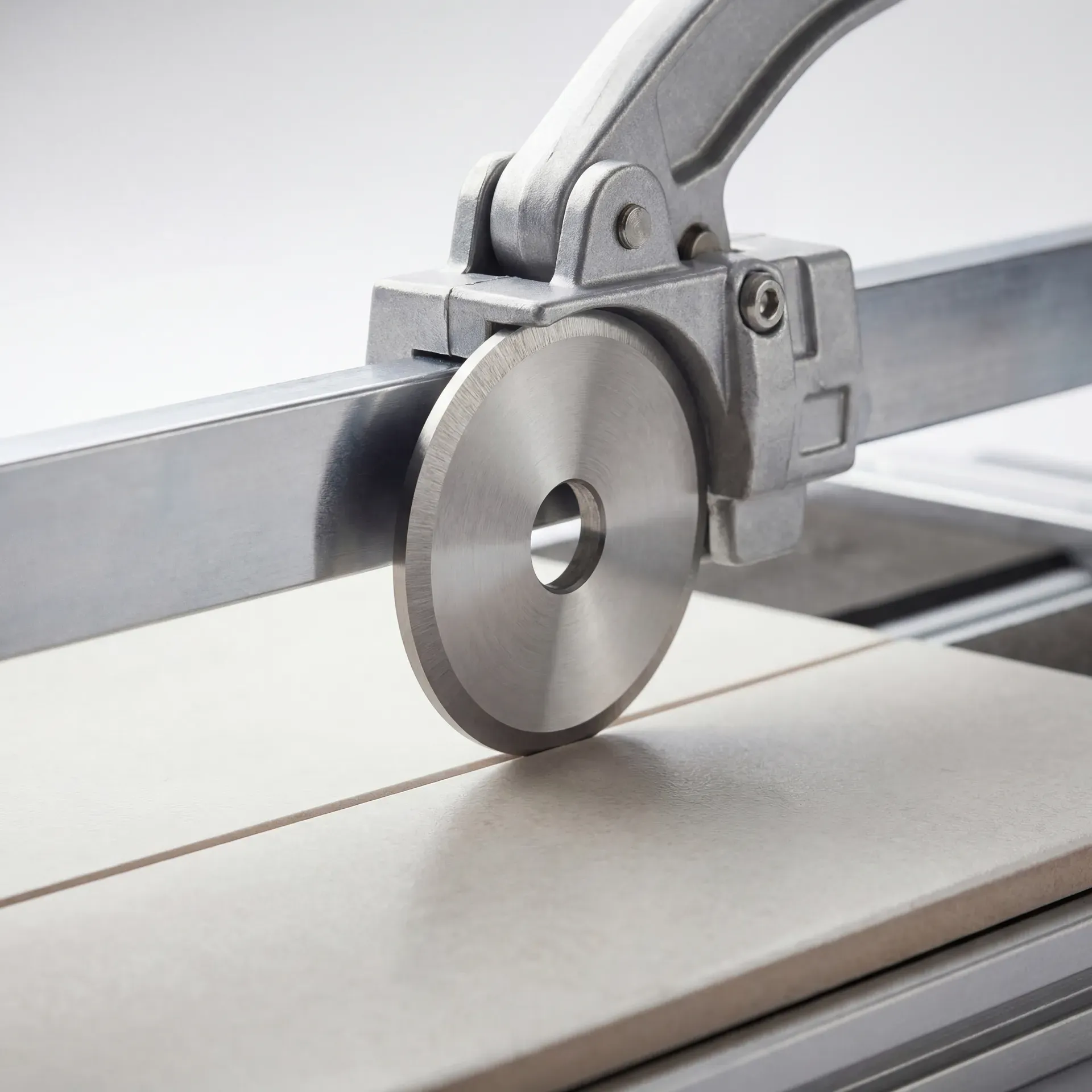 Macro close-up of a tungsten carbide scoring wheel mounted on a manual tile cutter rail, showing the sharp metallic wheel edge and a crisp scored groove on a ceramic tile surface beneath it, with the carriage handle visible above.