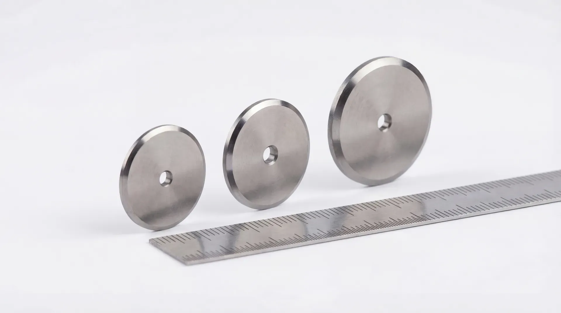 Three tungsten carbide scoring wheels of different diameters (6mm, 8mm, and 10mm) arranged side by side on a white surface with a ruler showing the size difference between them.