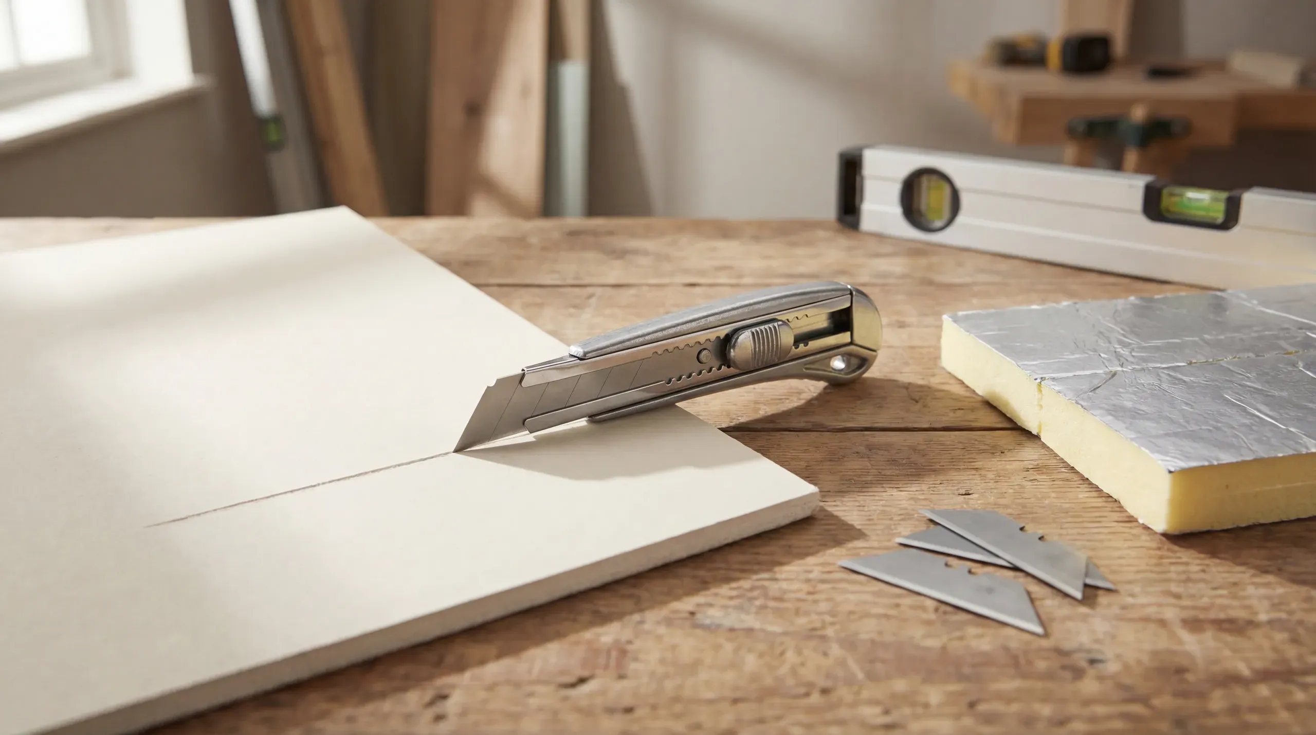 A retractable utility knife with a trapezoidal blade on a workbench beside offcuts of plasterboard and PIR insulation board