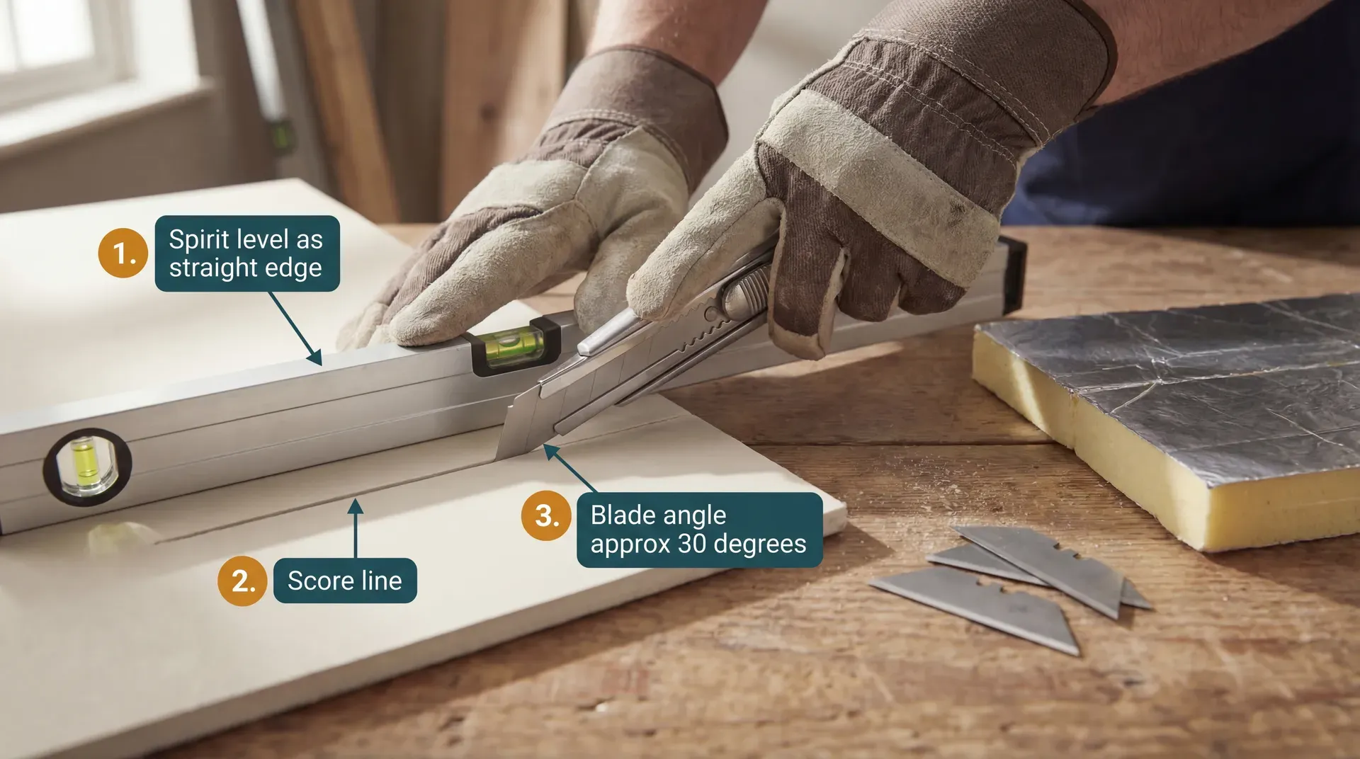 Close-up of gloved hands scoring a sheet of plasterboard with a utility knife guided along a spirit level used as a straight edge. The blade cuts into the ivory paper face at approximately 30 degrees, with a clean score line visible in the plasterboard surface.