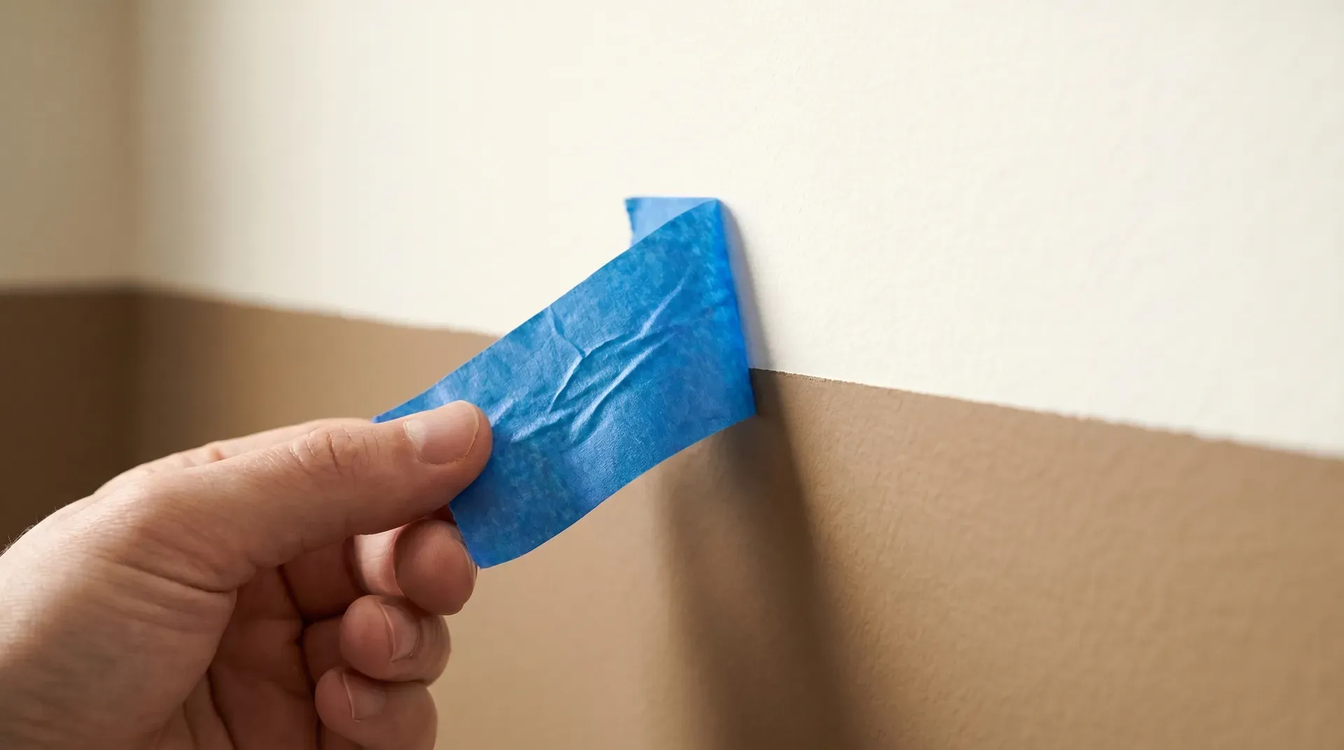 Green low-tack painter's tape peeling back at 45 degrees to expose a sharp paint line between two wall colours.