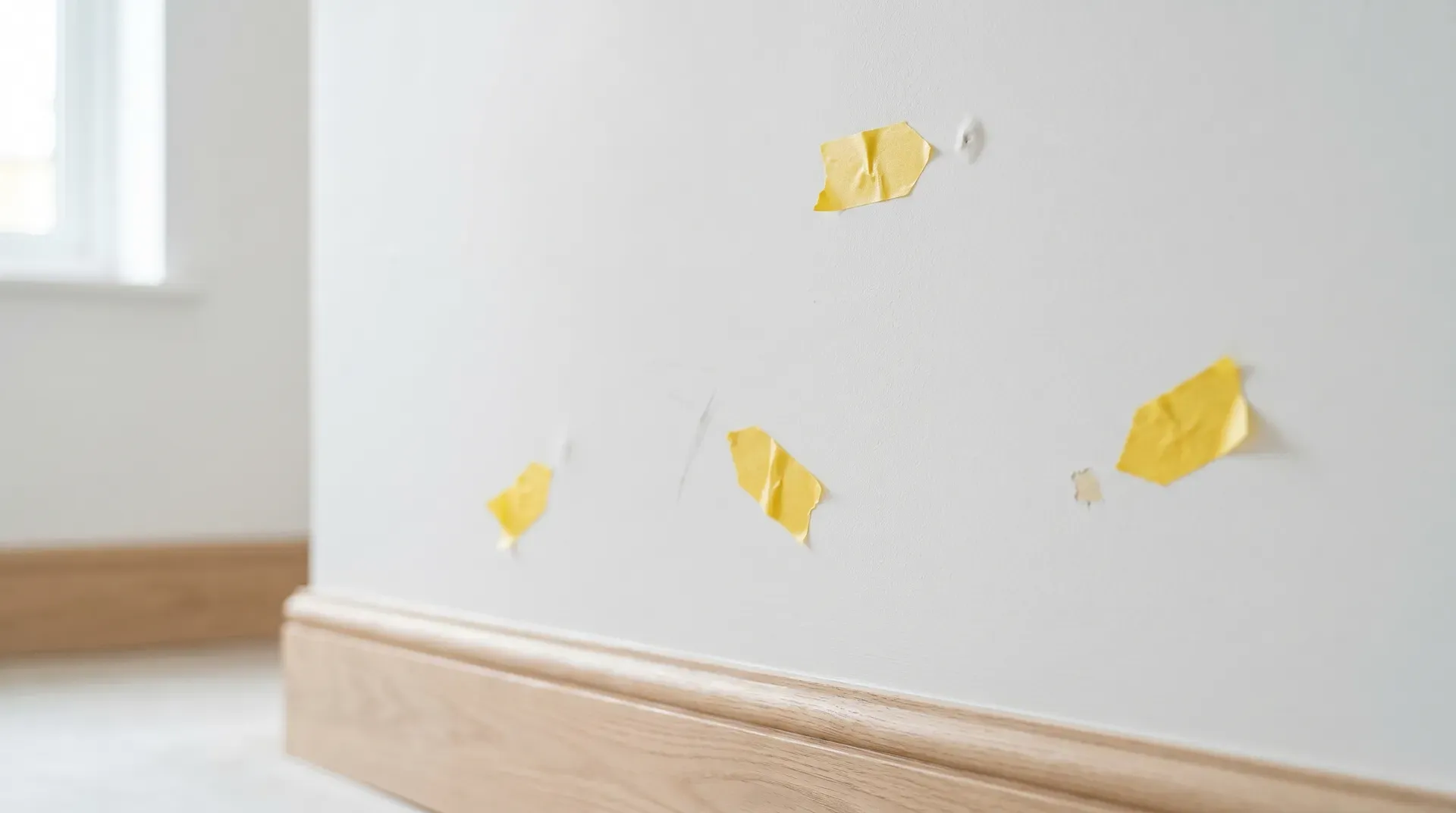 A finished wall near a skirting board with several short yellow low-tack tape tabs pointing at small surface defects.
