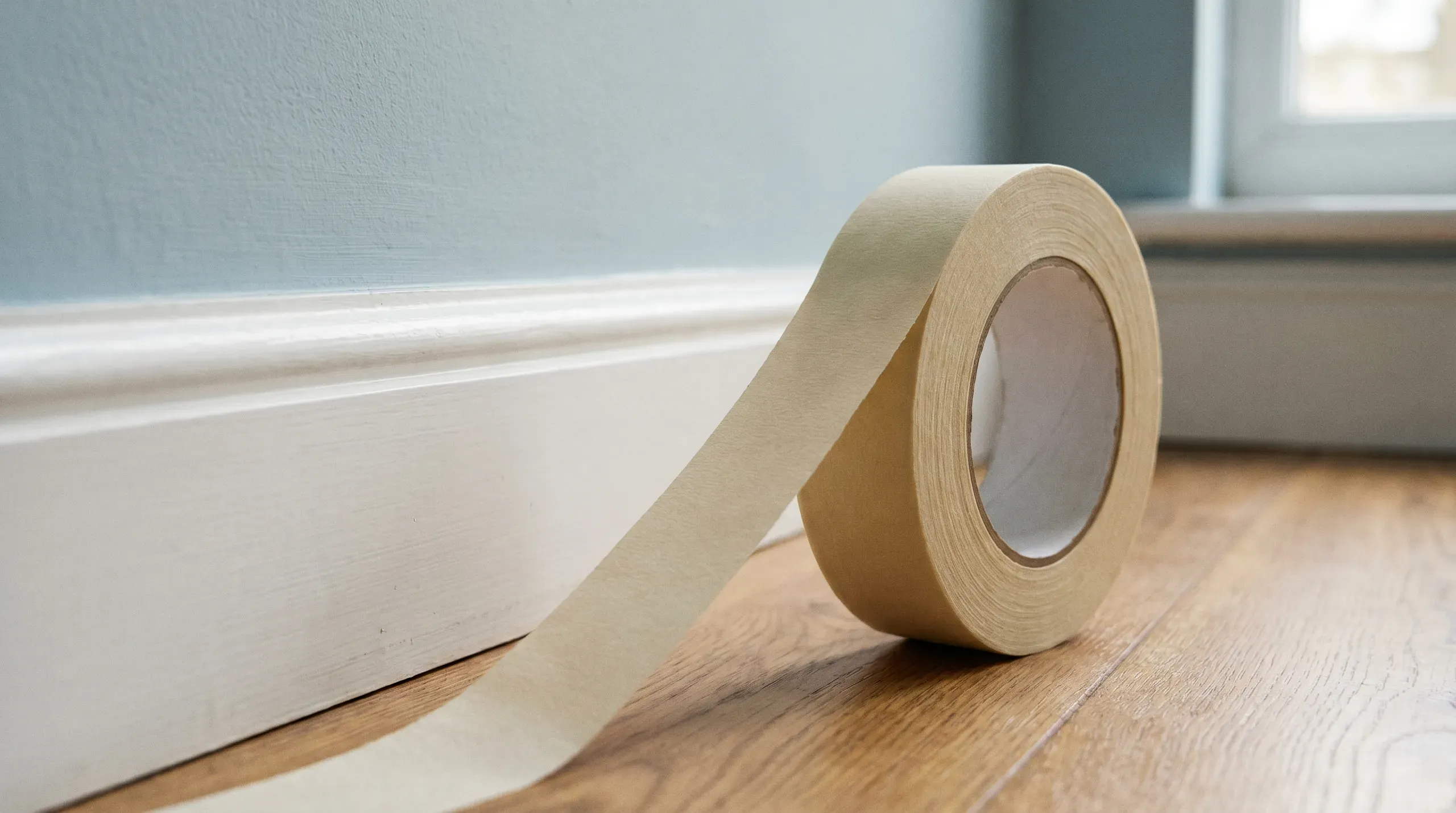 A 50m roll of 25mm cream masking tape with a partially unrolled section stuck along the edge of a white skirting board
